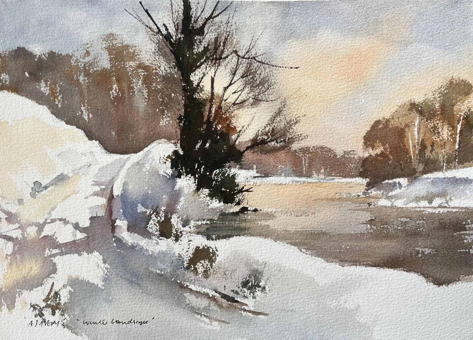 Anthony Avery British Impressionist Watercolor Of Snow Covered Riverbank At Sunset