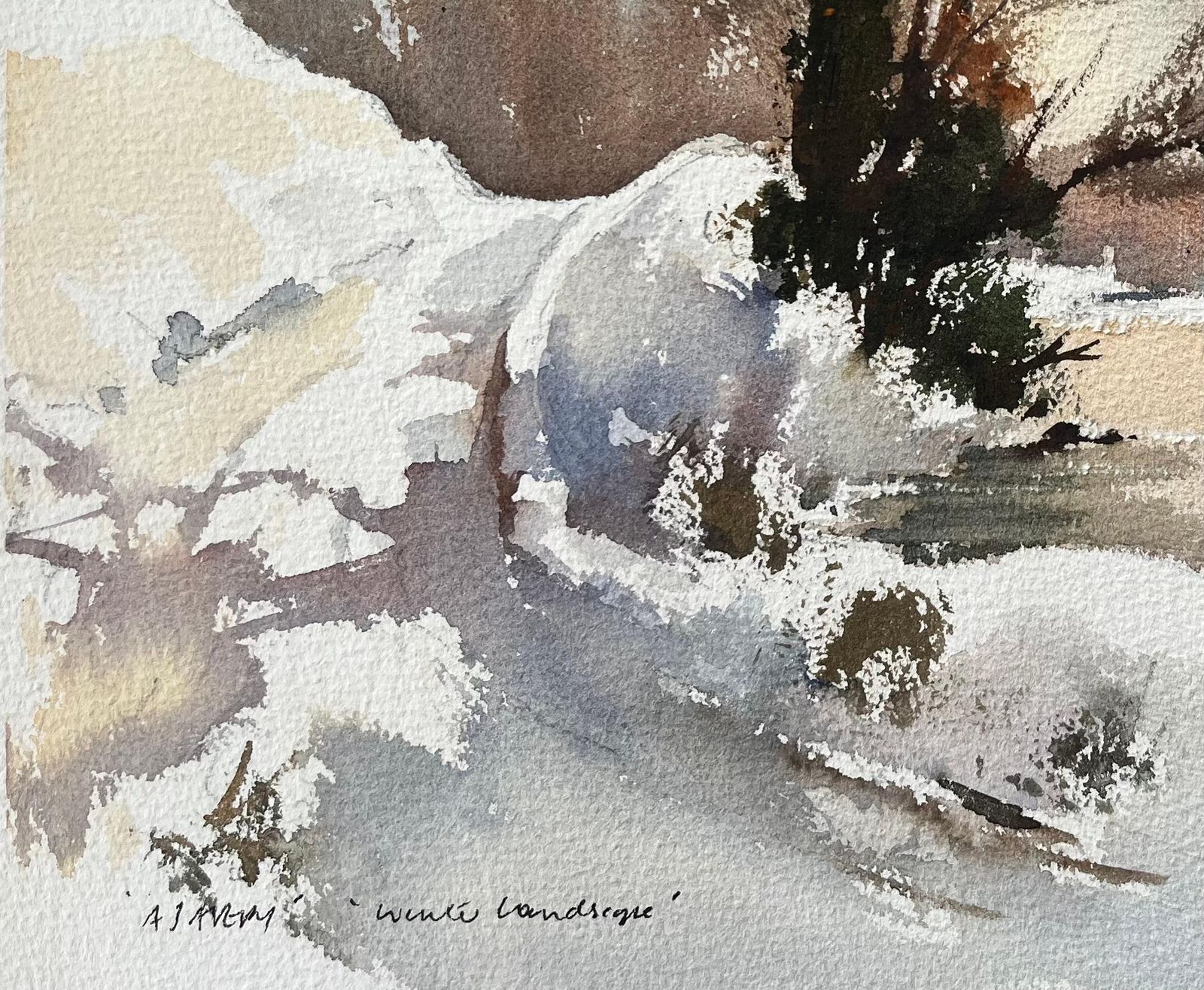 Anthony Avery British Impressionist Watercolor Of Snow Covered Riverbank At Sunset photo Art