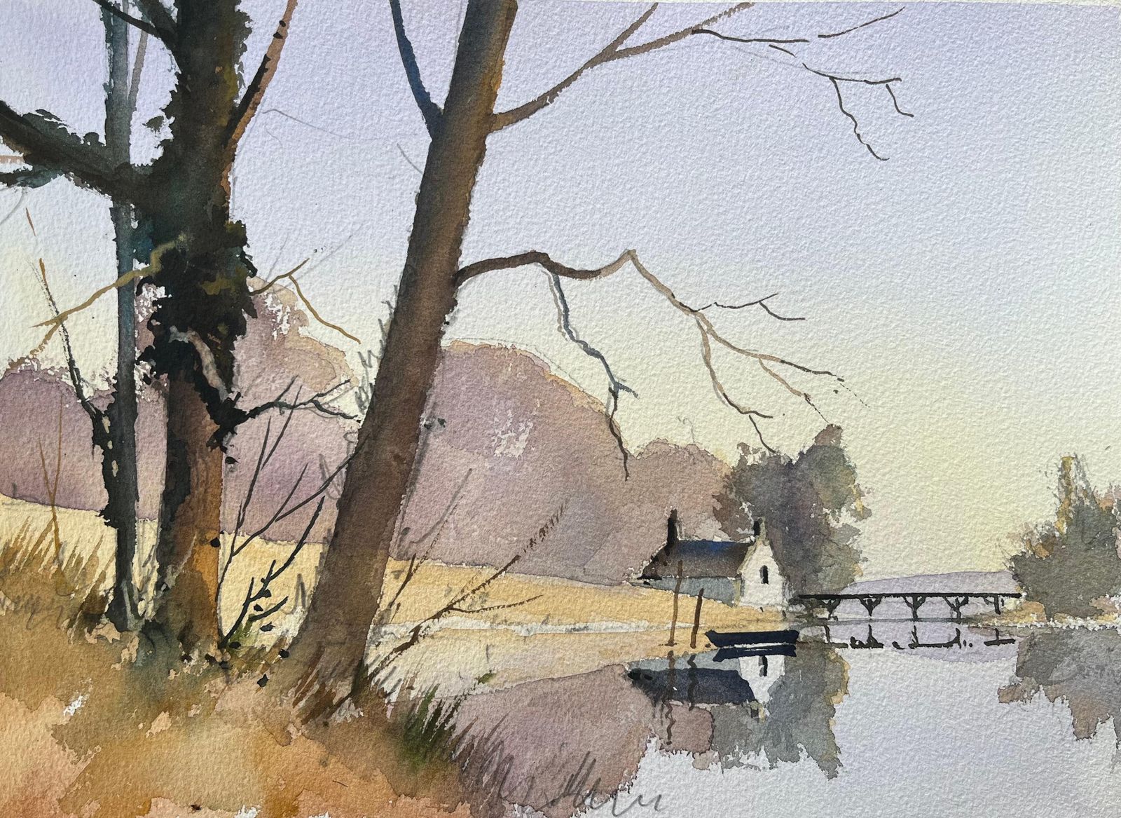 Anthony Avery British Impressionist Watercolor Of Landscape With Riverside Cottage And Trees