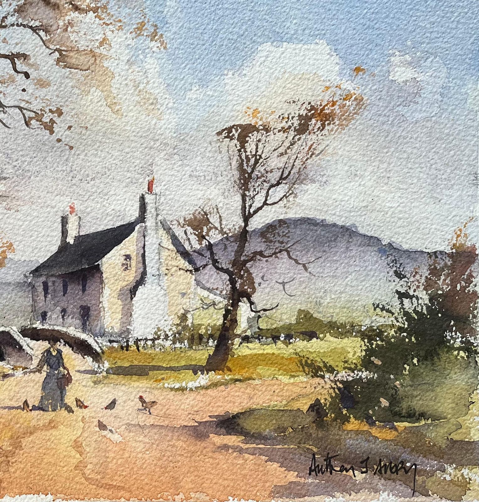 Anthony Avery British Impressionist Watercolor Of A Rural Village Scene With Figure In Autumn photo Art
