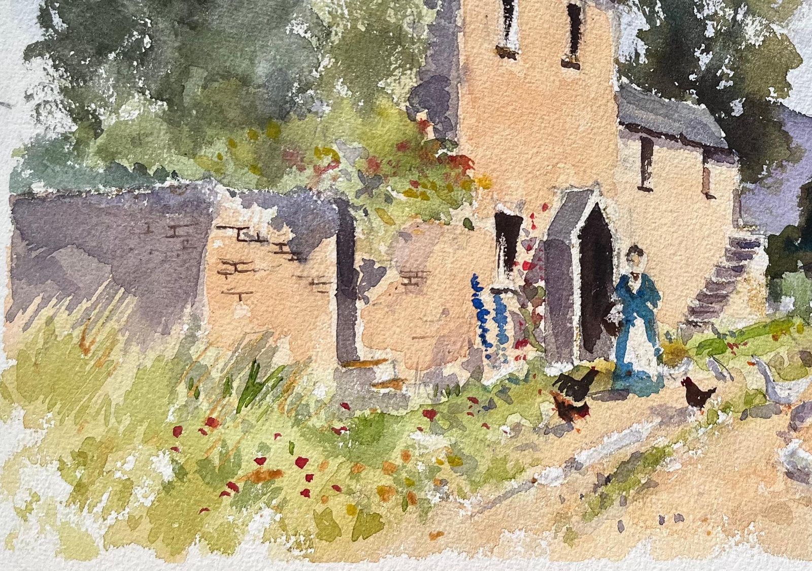 Anthony Avery British Impressionist Watercolor Of A Farmhouse With A Figure Feeding Chickens photo 495.0