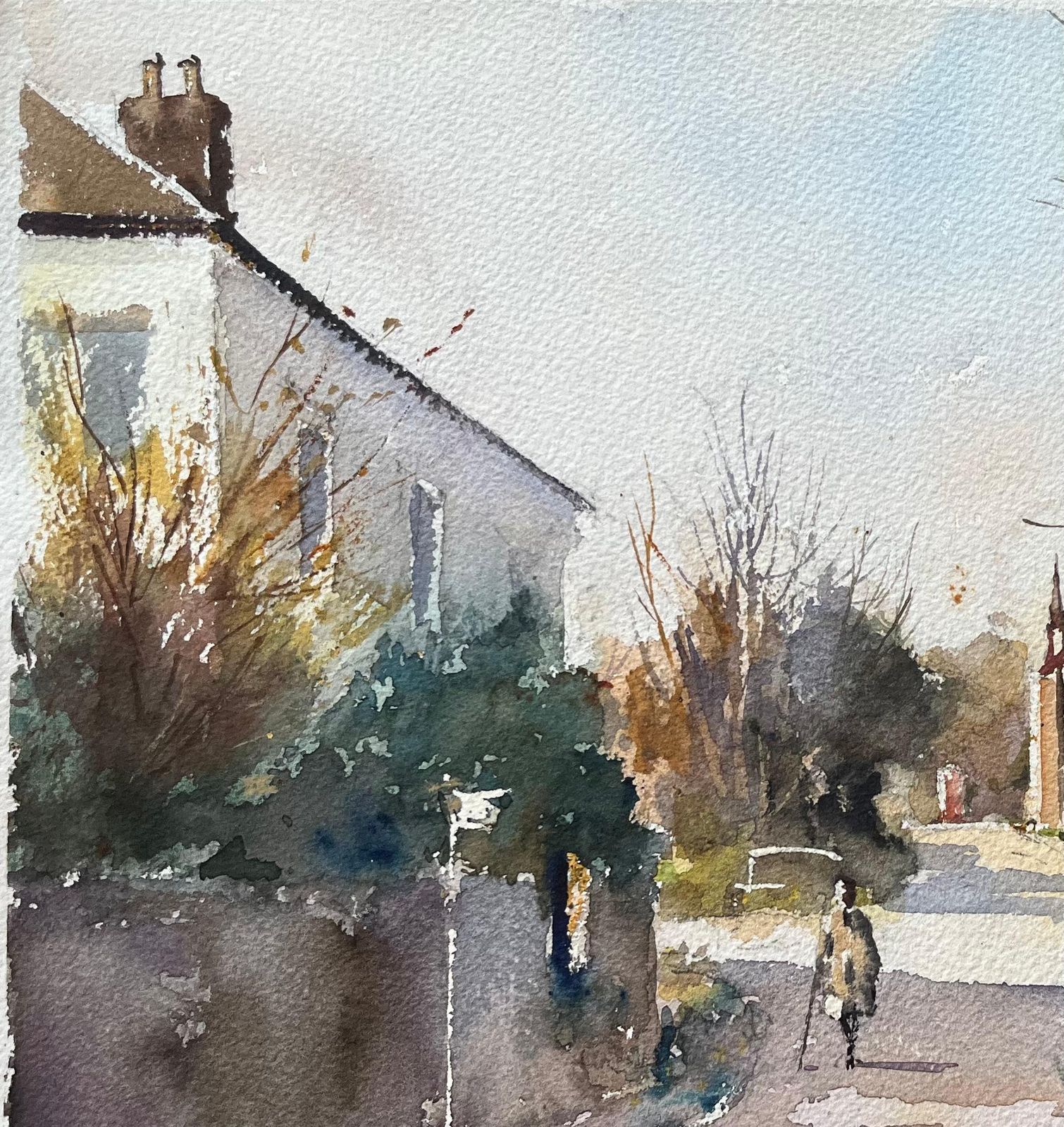 Anthony Avery British Impressionist Watercolor Of A Lone Figure Walking Along A Village Street photo Art