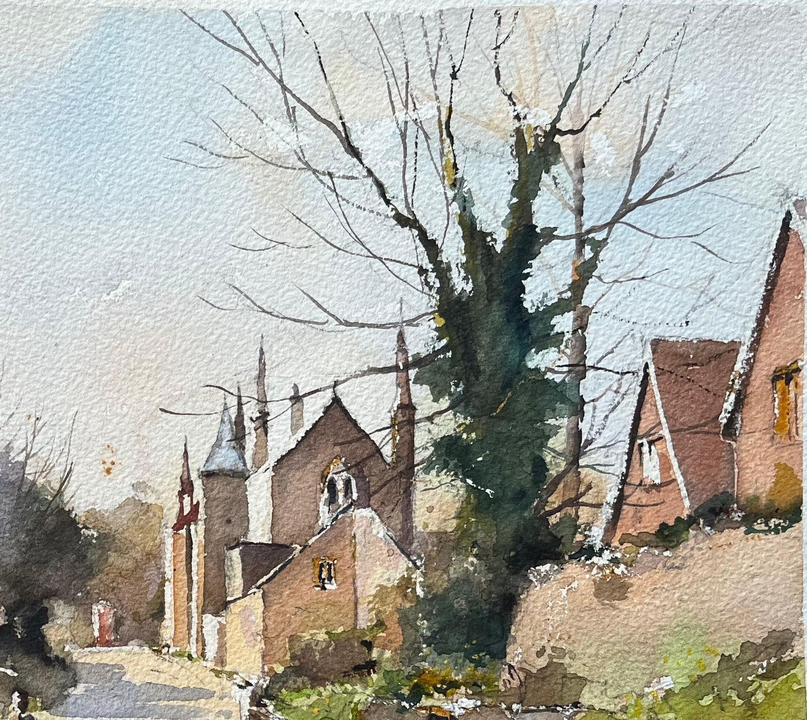 Anthony Avery British Impressionist Watercolor Of A Lone Figure Walking Along A Village Street photo 395.0