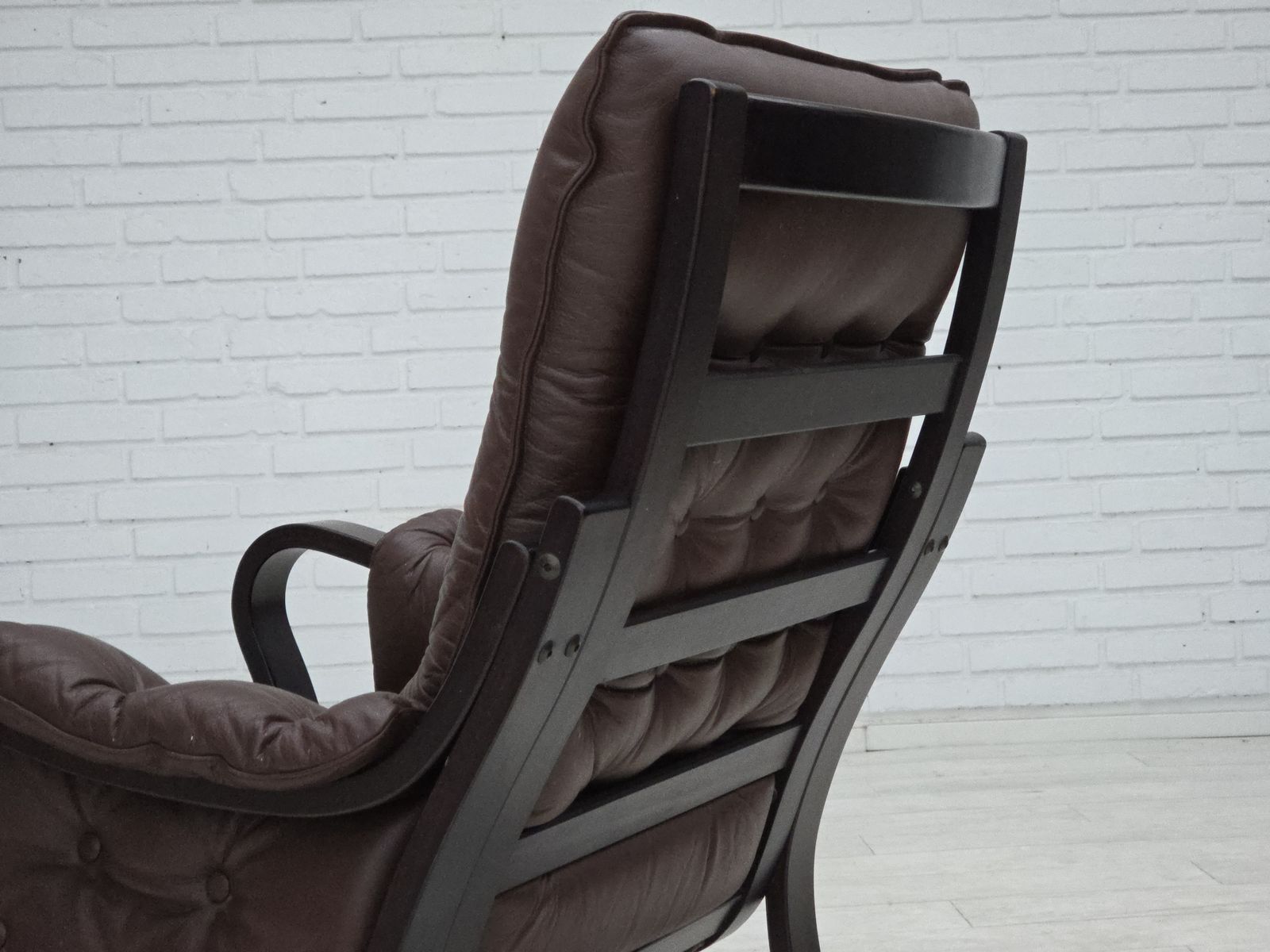 1970s, Scandinavian Vintage Design, Armchair, Brown Leather, Bent Wood. photo for sale