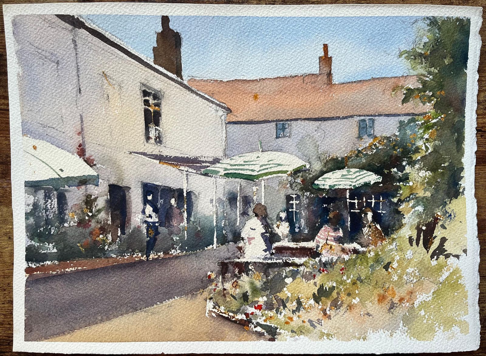 Anthony Avery British Impressionist Watercolor Of A Busy Sunny Courtyard Café Scene photo furniture