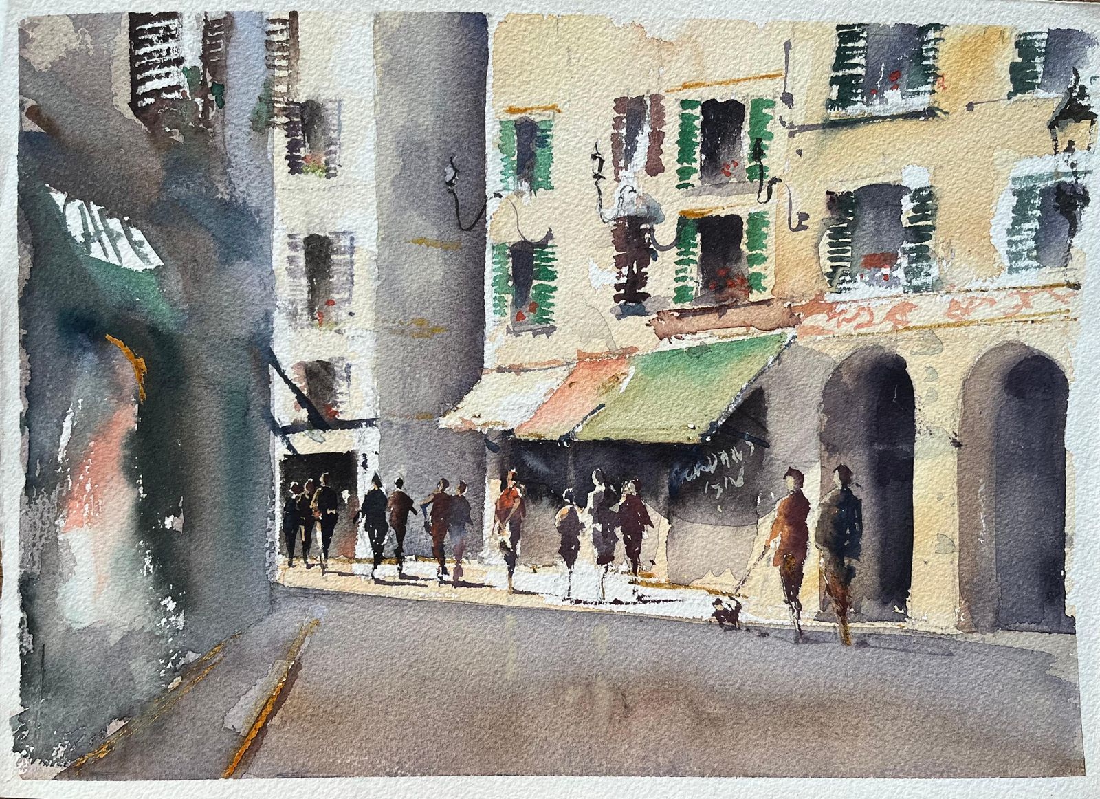 Anthony Avery British Impressionist Watercolor Of A Busy Sunlit European Street Scene