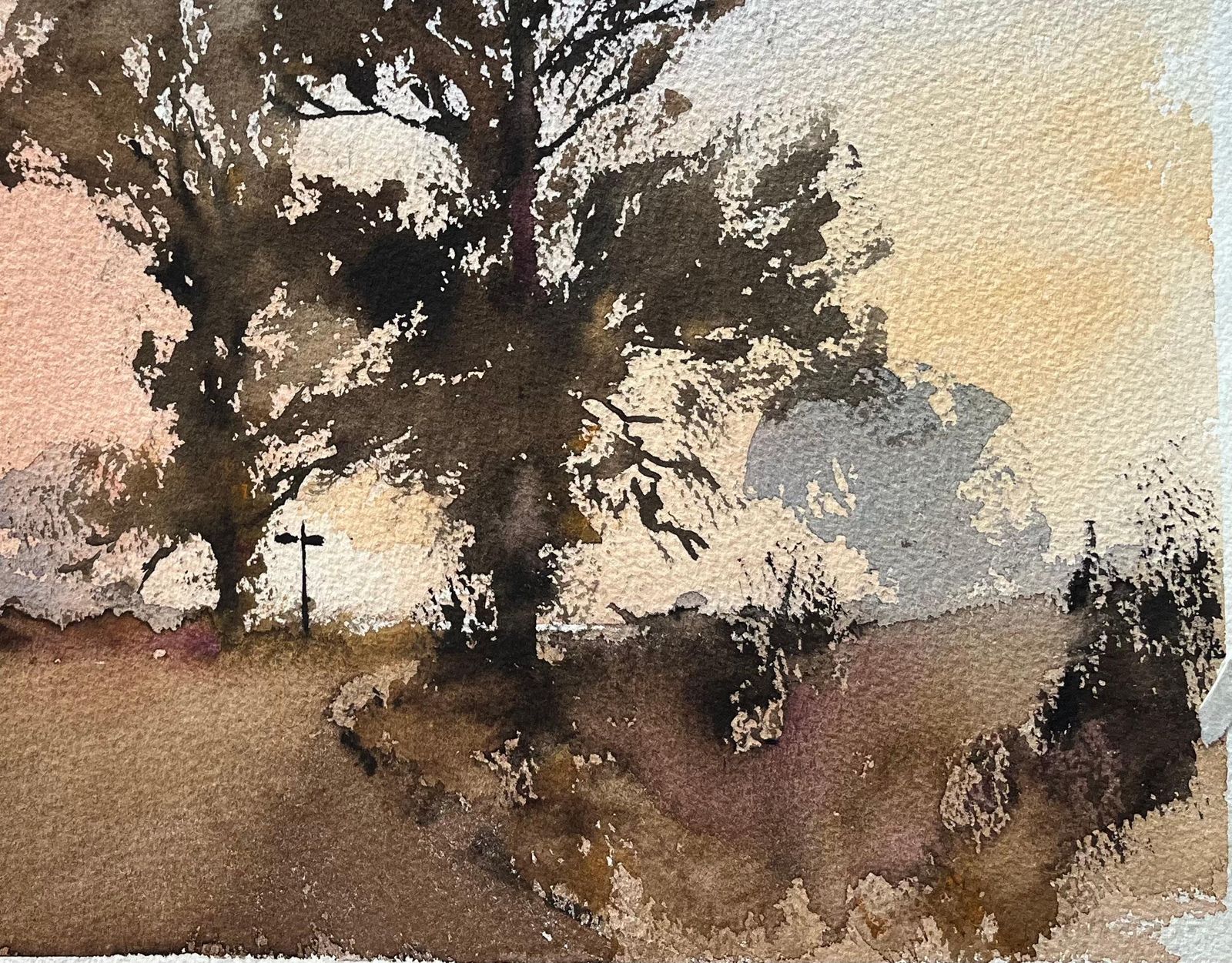 Anthony Avery British Impressionist Watercolor Of Crossroads Bathed In The Warm, Fading Light photo for sale