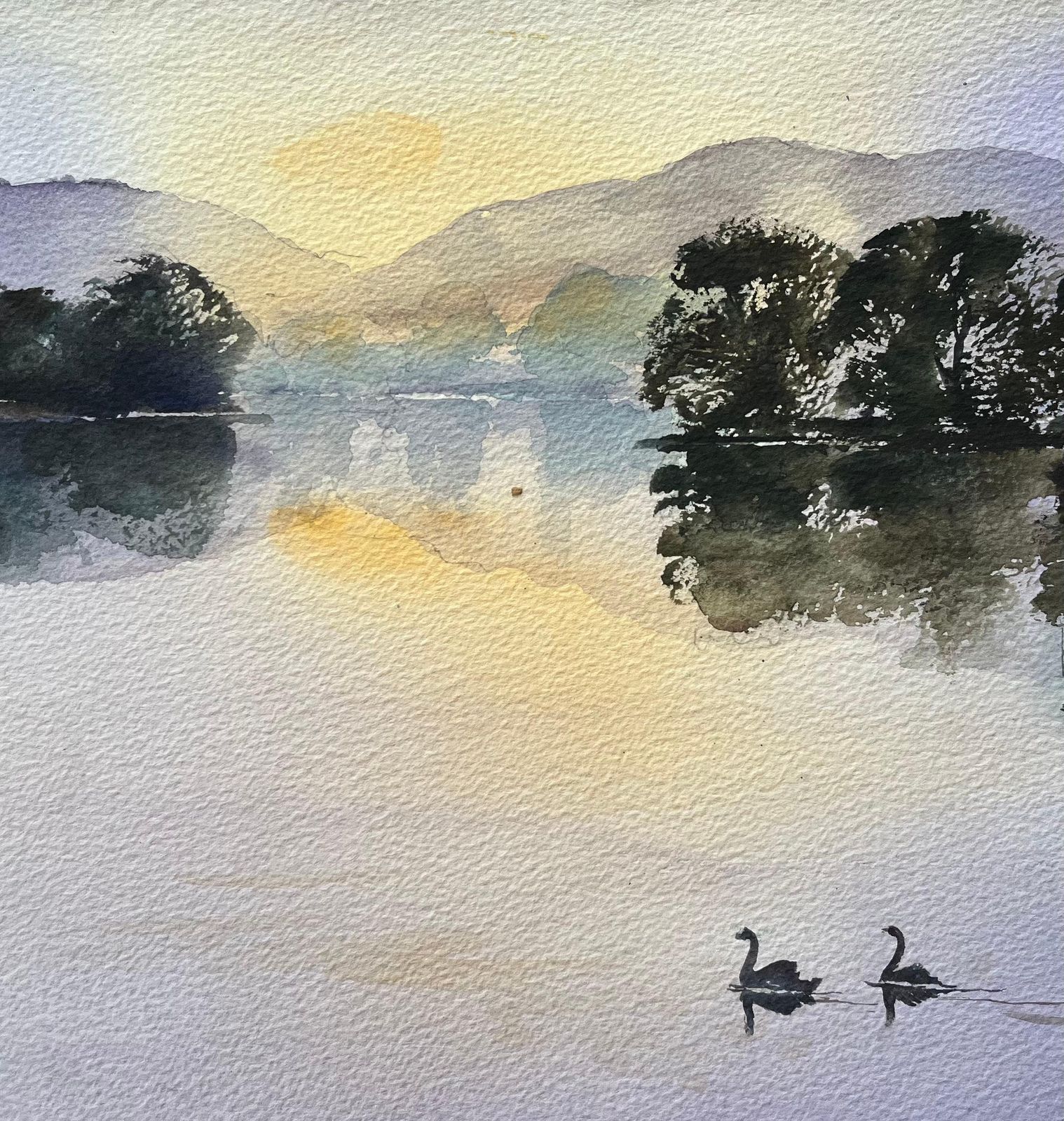 Anthony Avery British Impressionist Watercolor Of Swans Gliding Across A Tranquil Lake At Dawn photo vinterior