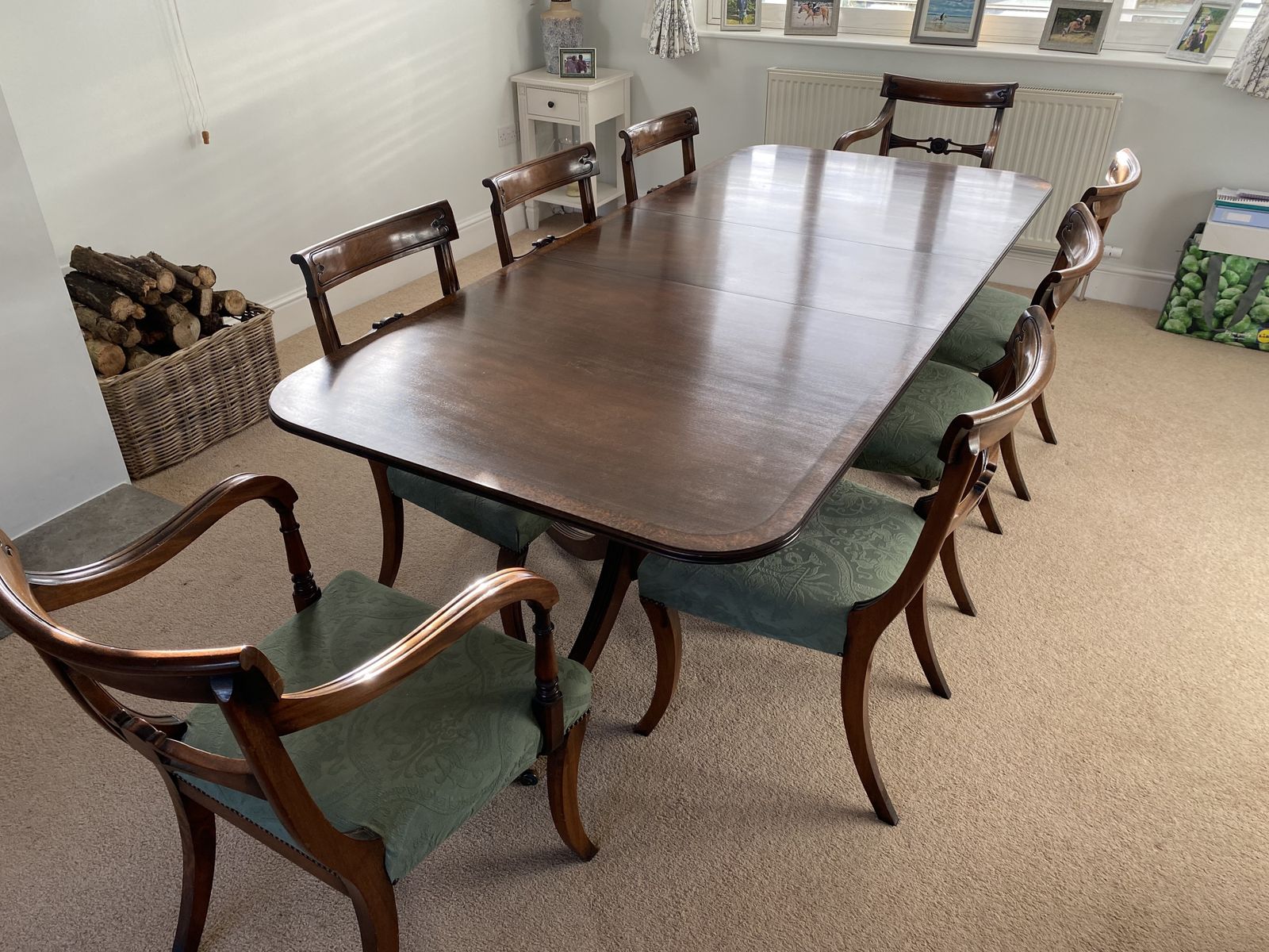 Dodges Of Sherborne, George The 5th, 8 Seater Dining Table, Mahogany Inlaid And Chairs
