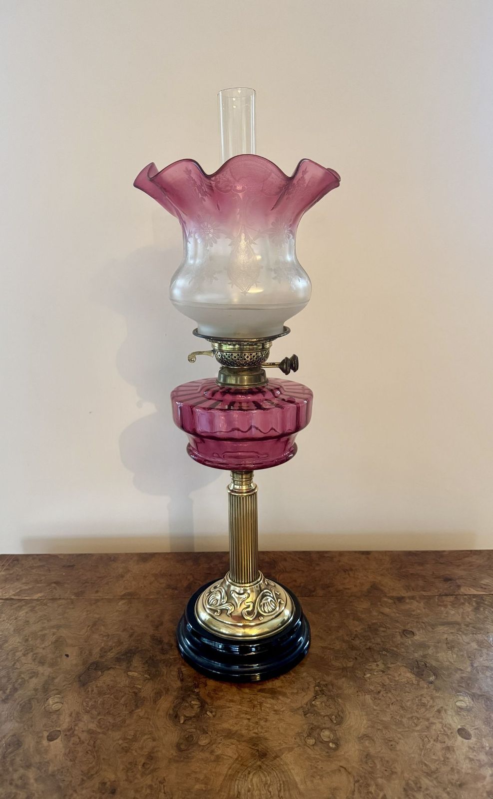 Outstanding Quality Antique Cranberry Glass Oil Lamp