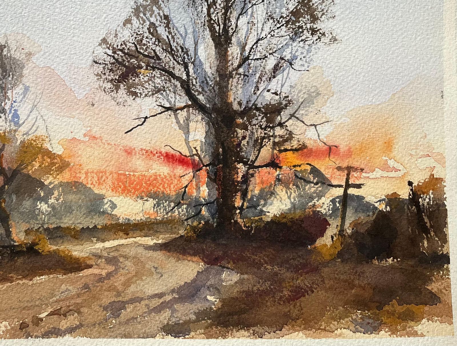 Anthony Avery British Impressionist Watercolor Of A Vibrant Sunset Over A Country Landscape photo for sale