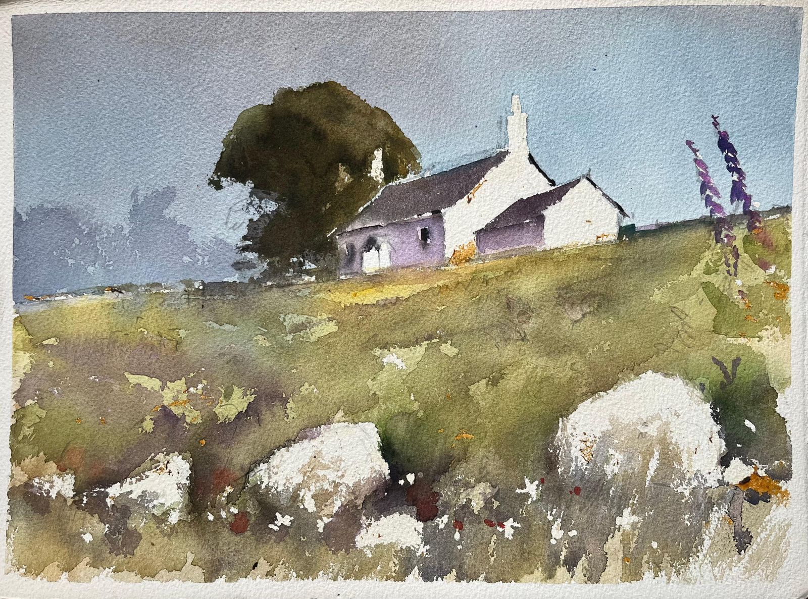 Anthony Avery British Impressionist Watercolor Of A Hilltop House And Outhouse With Wildflower