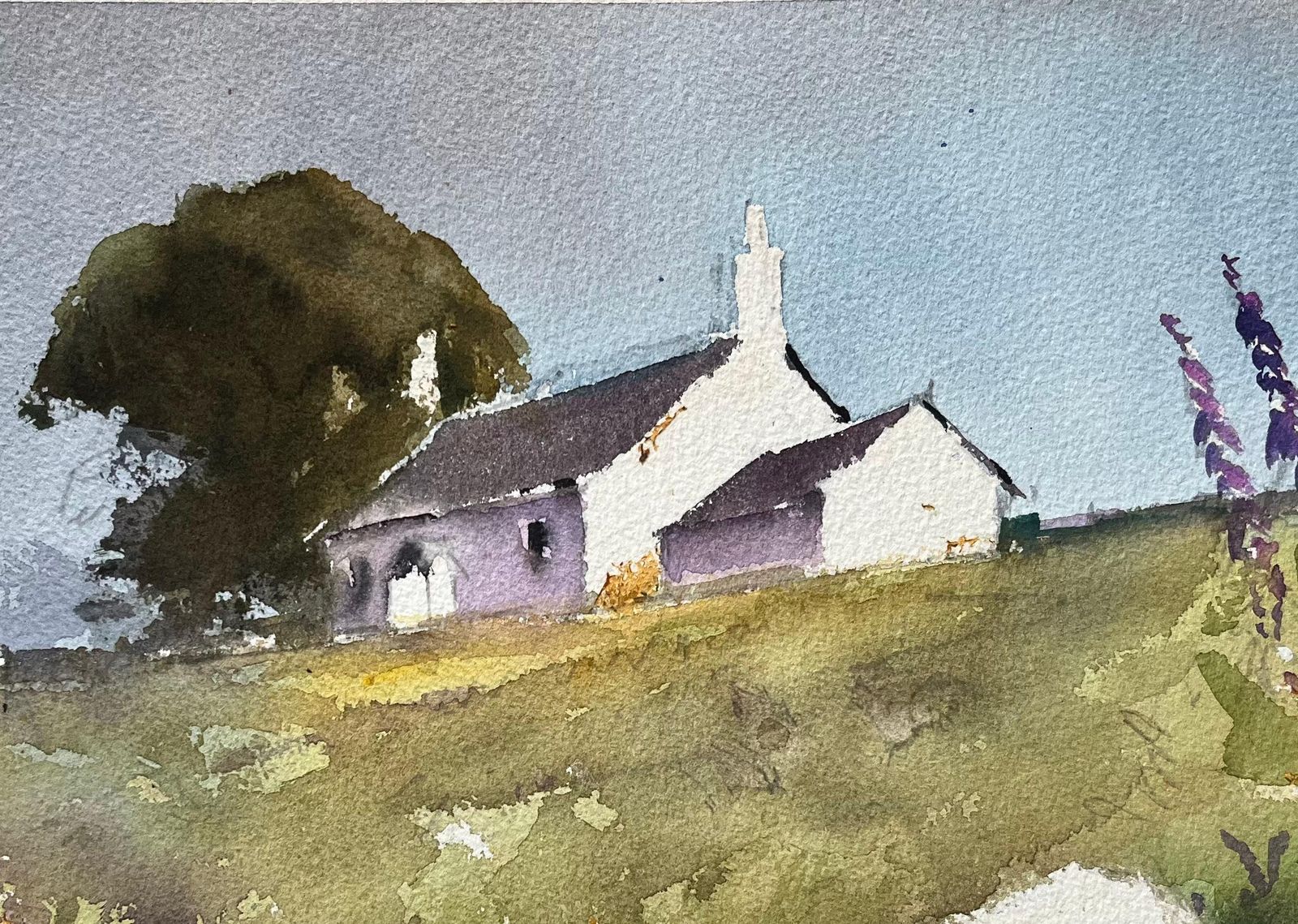 Anthony Avery British Impressionist Watercolor Of A Hilltop House And Outhouse With Wildflower photo for sale