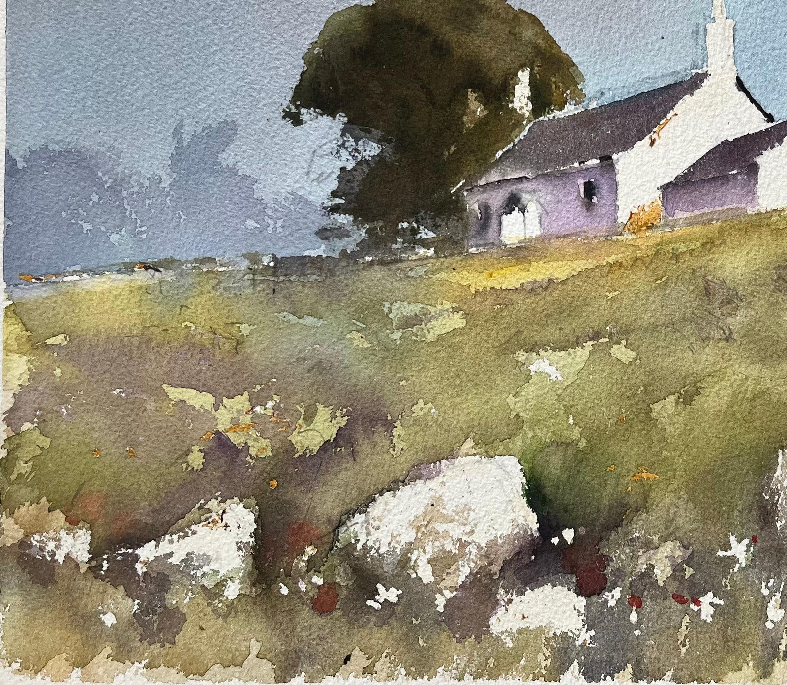 Anthony Avery British Impressionist Watercolor Of A Hilltop House And Outhouse With Wildflower photo 480.0