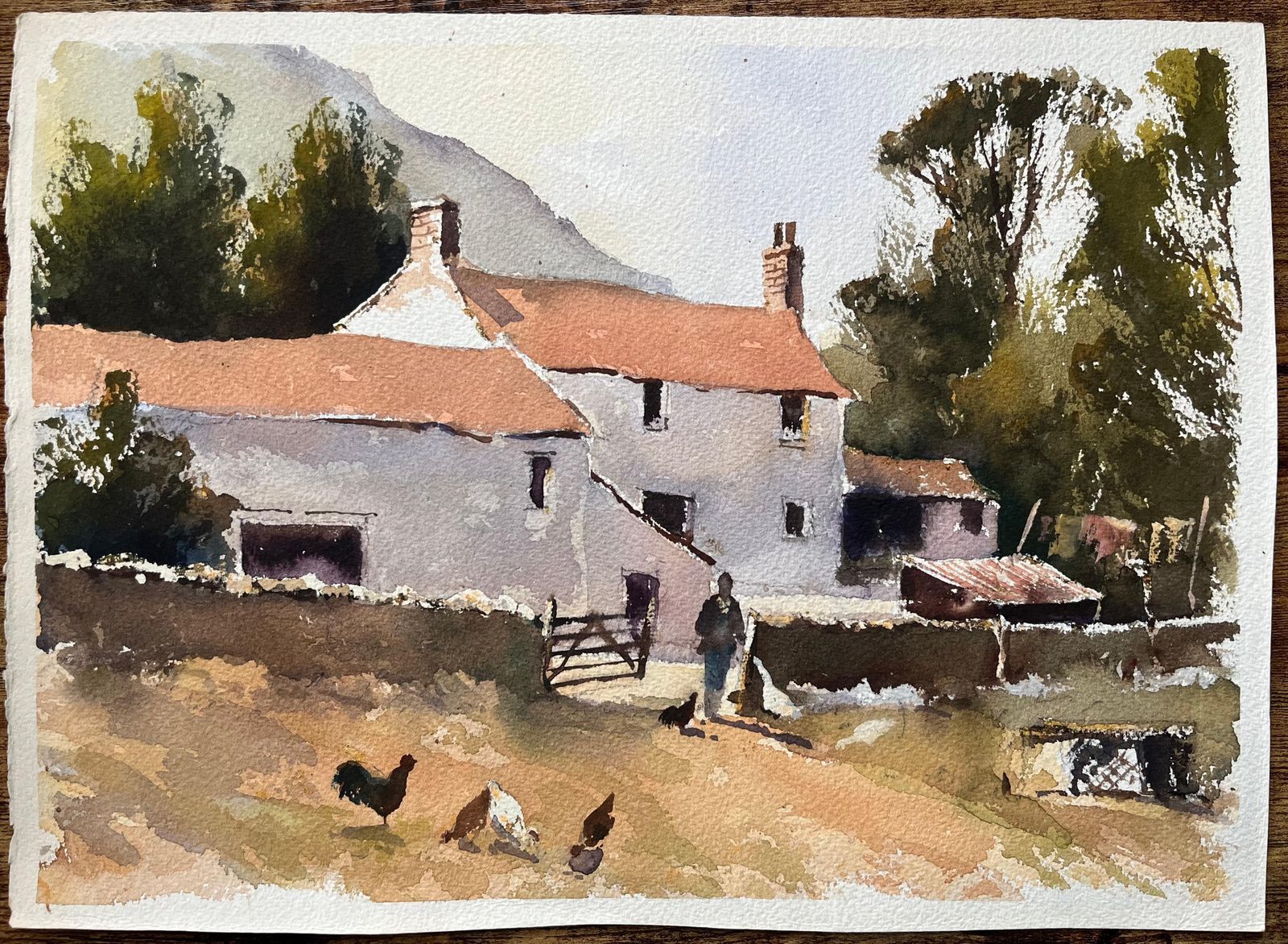 Anthony Avery British Impressionist Watercolor Of A Farmyard Scene With A Figure And Chickens photo furniture