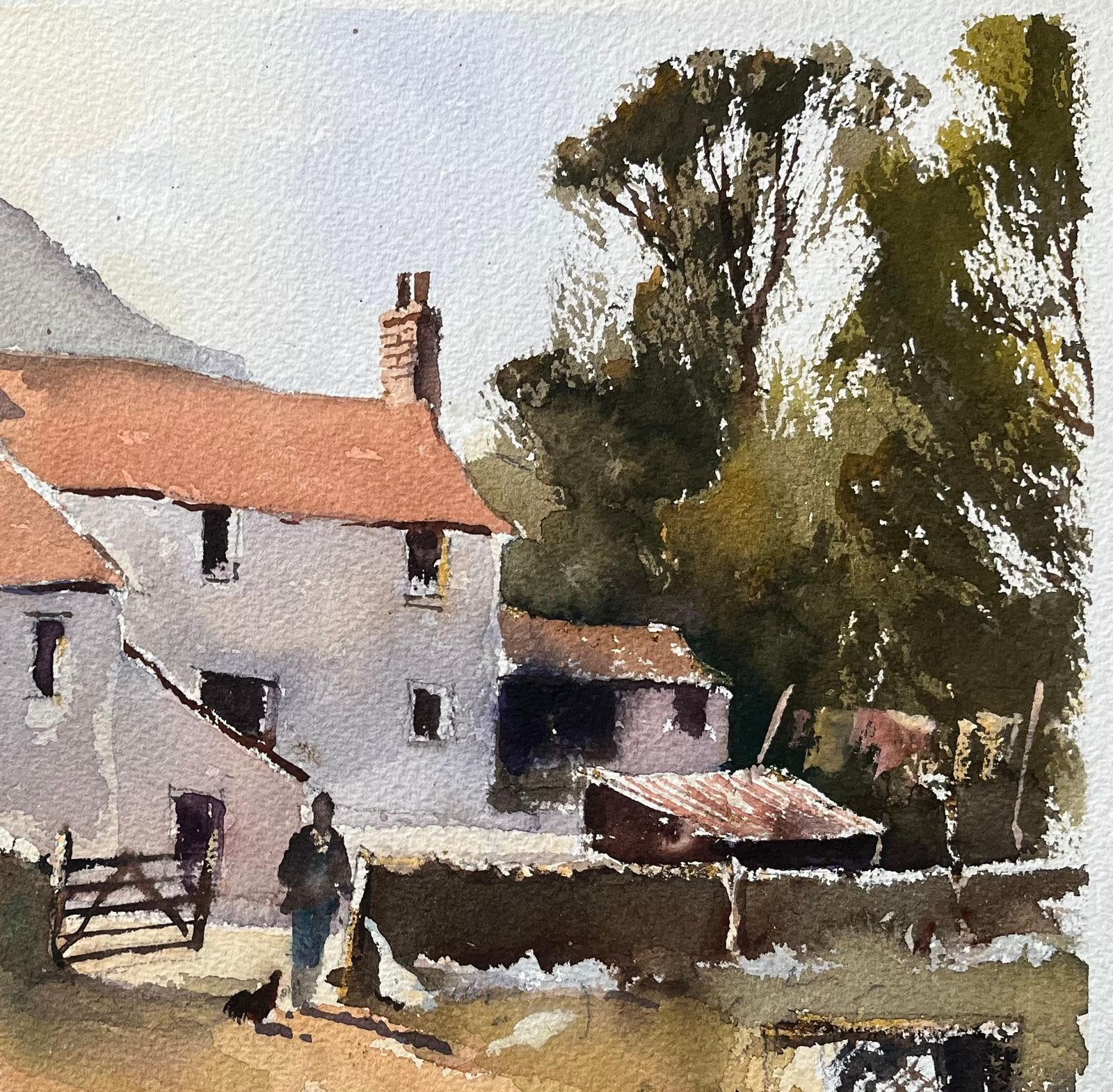 Anthony Avery British Impressionist Watercolor Of A Farmyard Scene With A Figure And Chickens photo Art