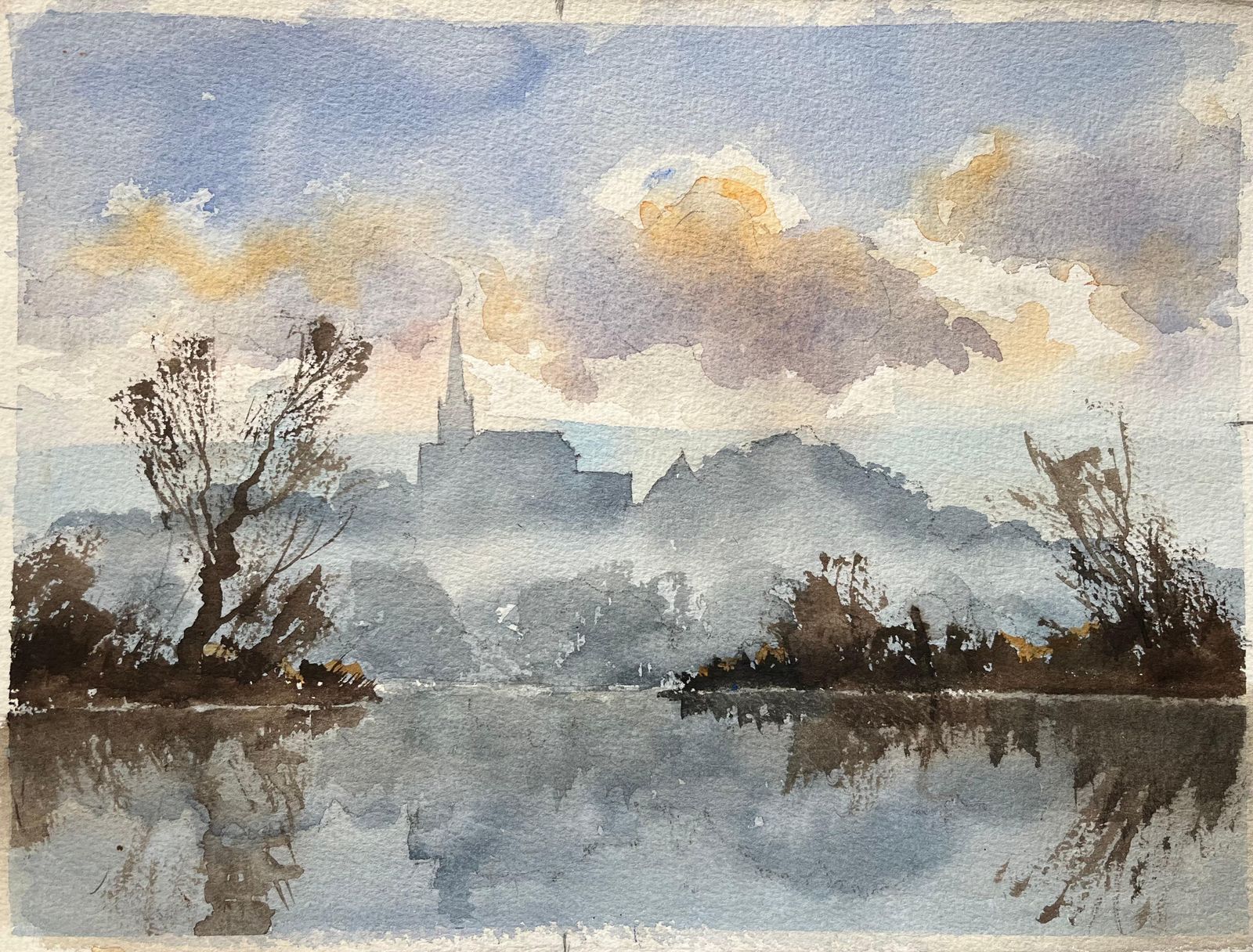 Anthony Avery British Impressionist Watercolor Of A Misty River With Church Spire