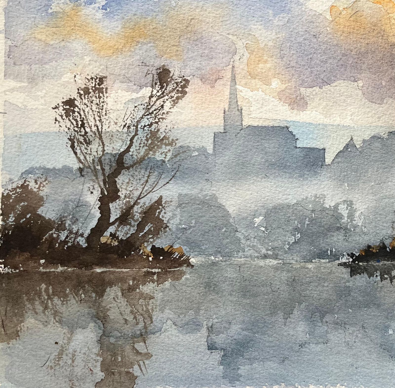 Anthony Avery British Impressionist Watercolor Of A Misty River With Church Spire photo vinterior