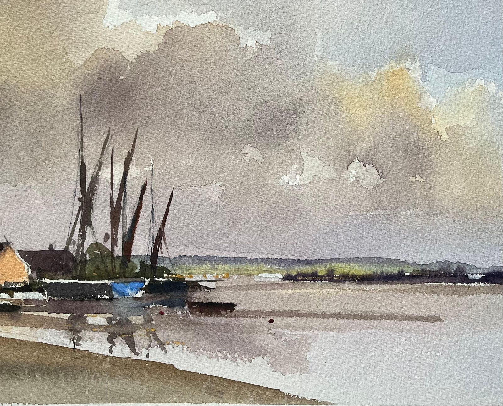 Anthony Avery British Impressionist Watercolor Of A Quiet Harbor With Sailboats And Moody Sky photo Art