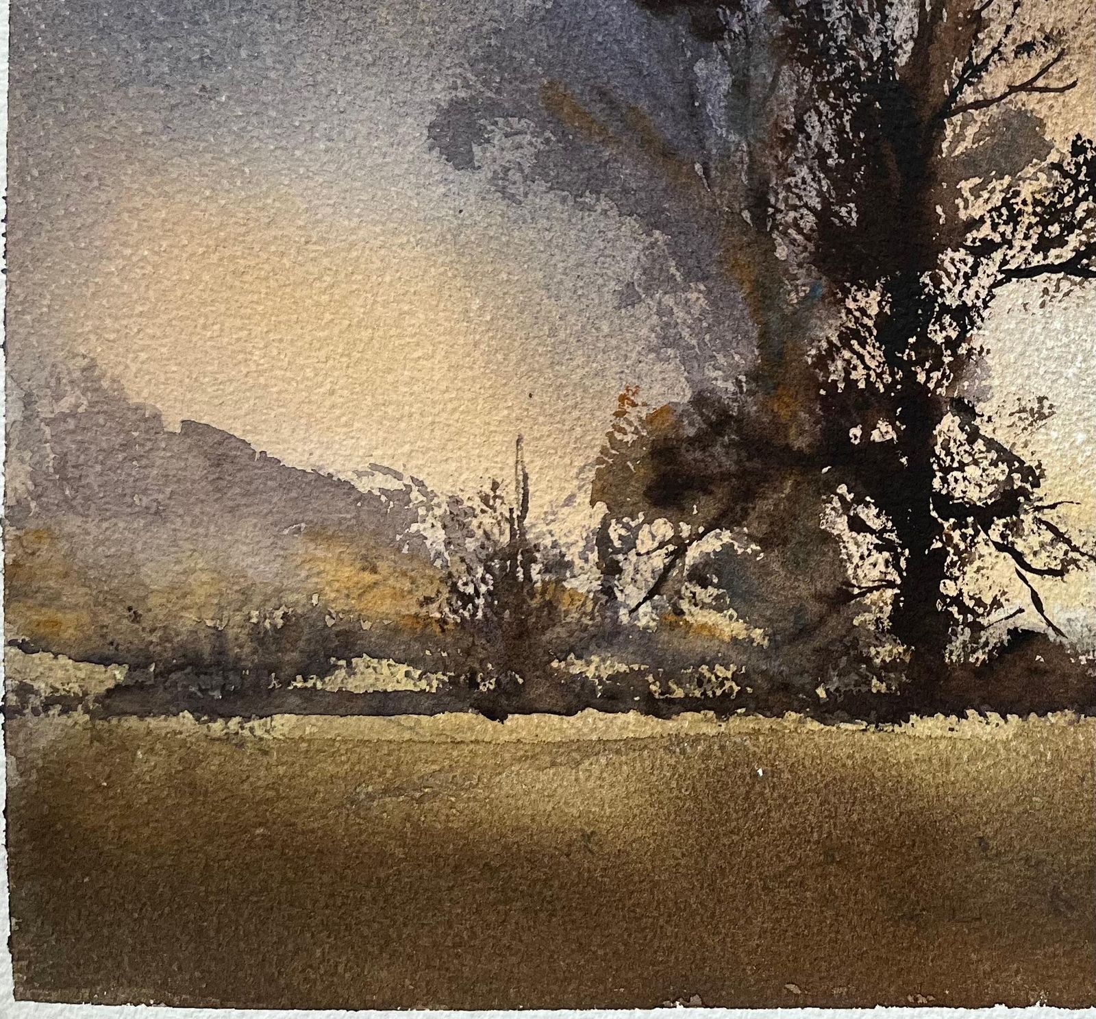 Anthony Avery British Impressionist Watercolor Of A Tree Silhouette Against A Dramatic Sunset photo 330.0