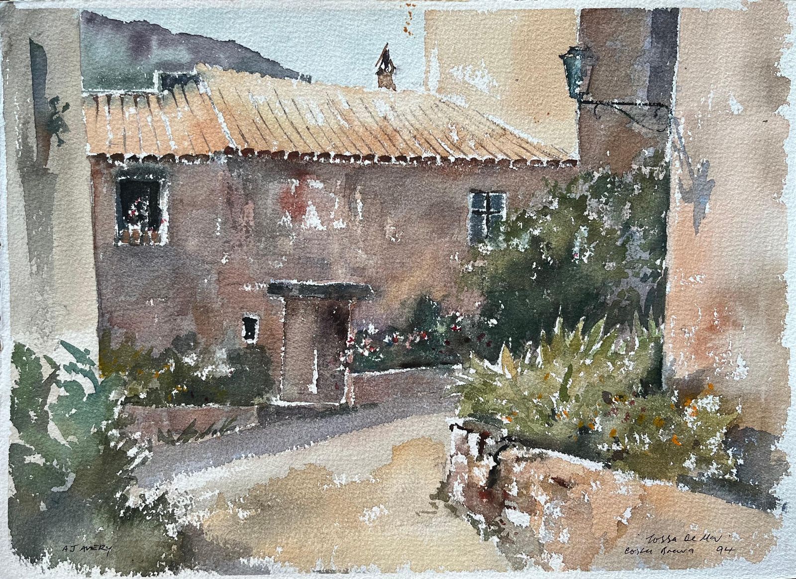 Anthony Avery British Impressionist Watercolor Of Rustic Courtyard In Tossa De Mar 1994