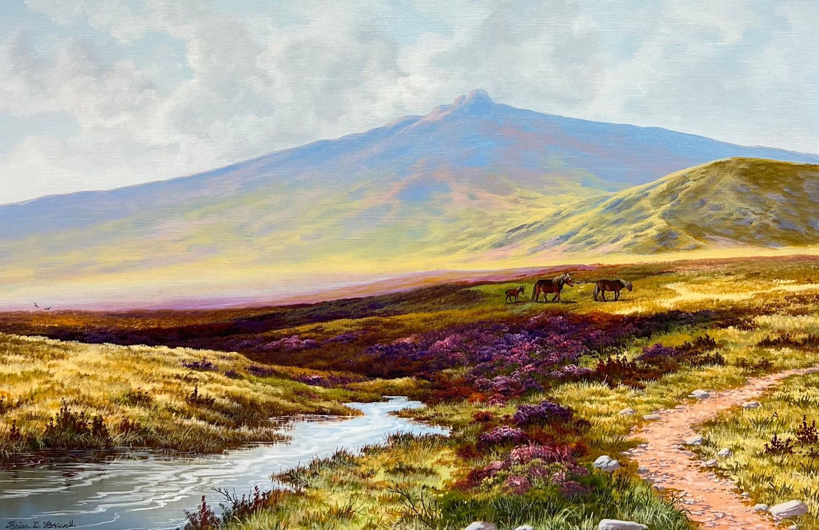 Brian Horswell Large British Oil Painting Ponies On Dartmoor Heathland Hillside Stream Heather 1953 photo furniture