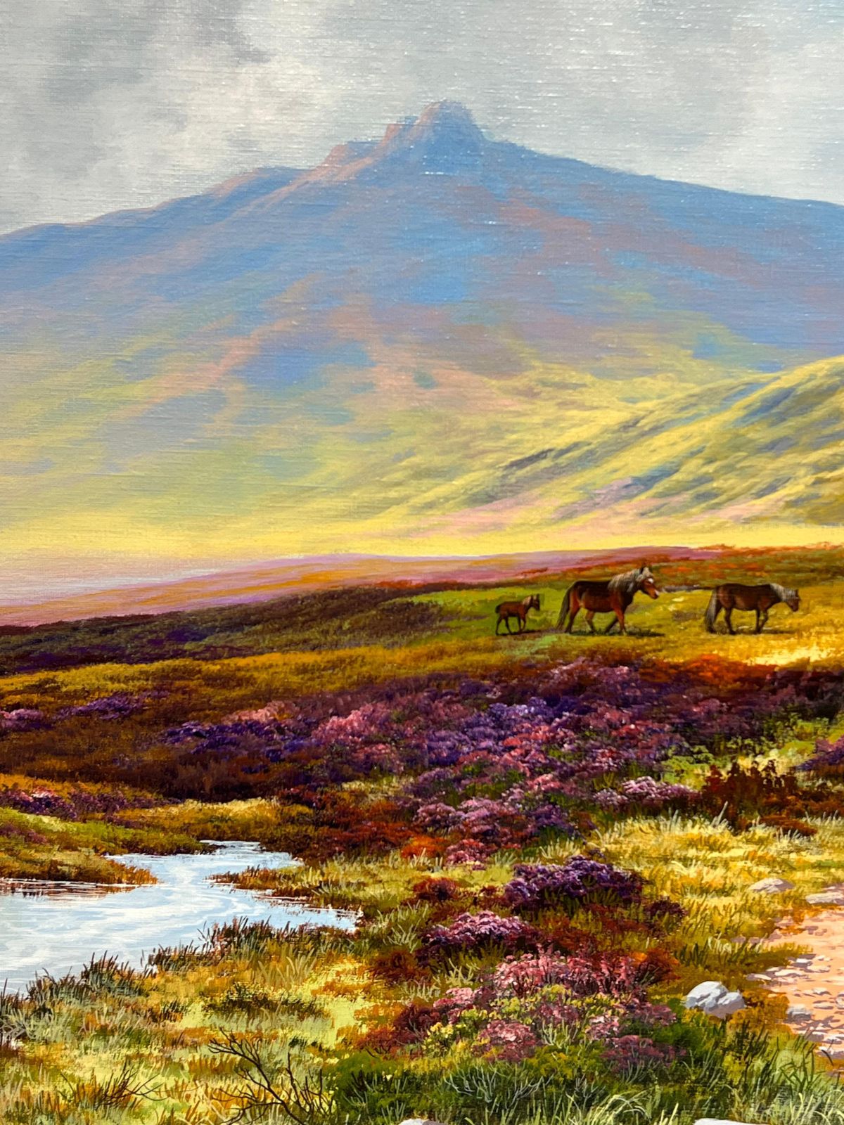 Brian Horswell Large British Oil Painting Ponies On Dartmoor Heathland Hillside Stream Heather 1953 photo vintage