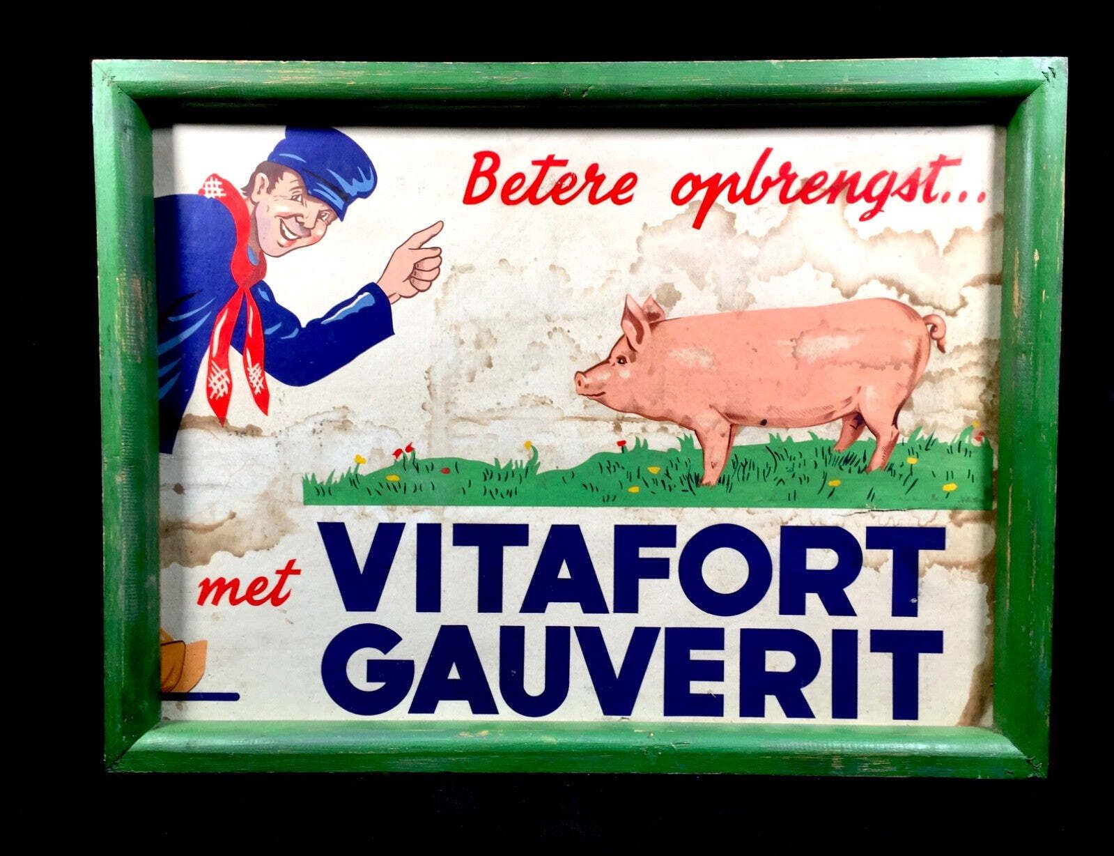 Antique Advertising Framed Vitafort Gauverit Cattle Fodder Sign Picture C.1950 photo furniture