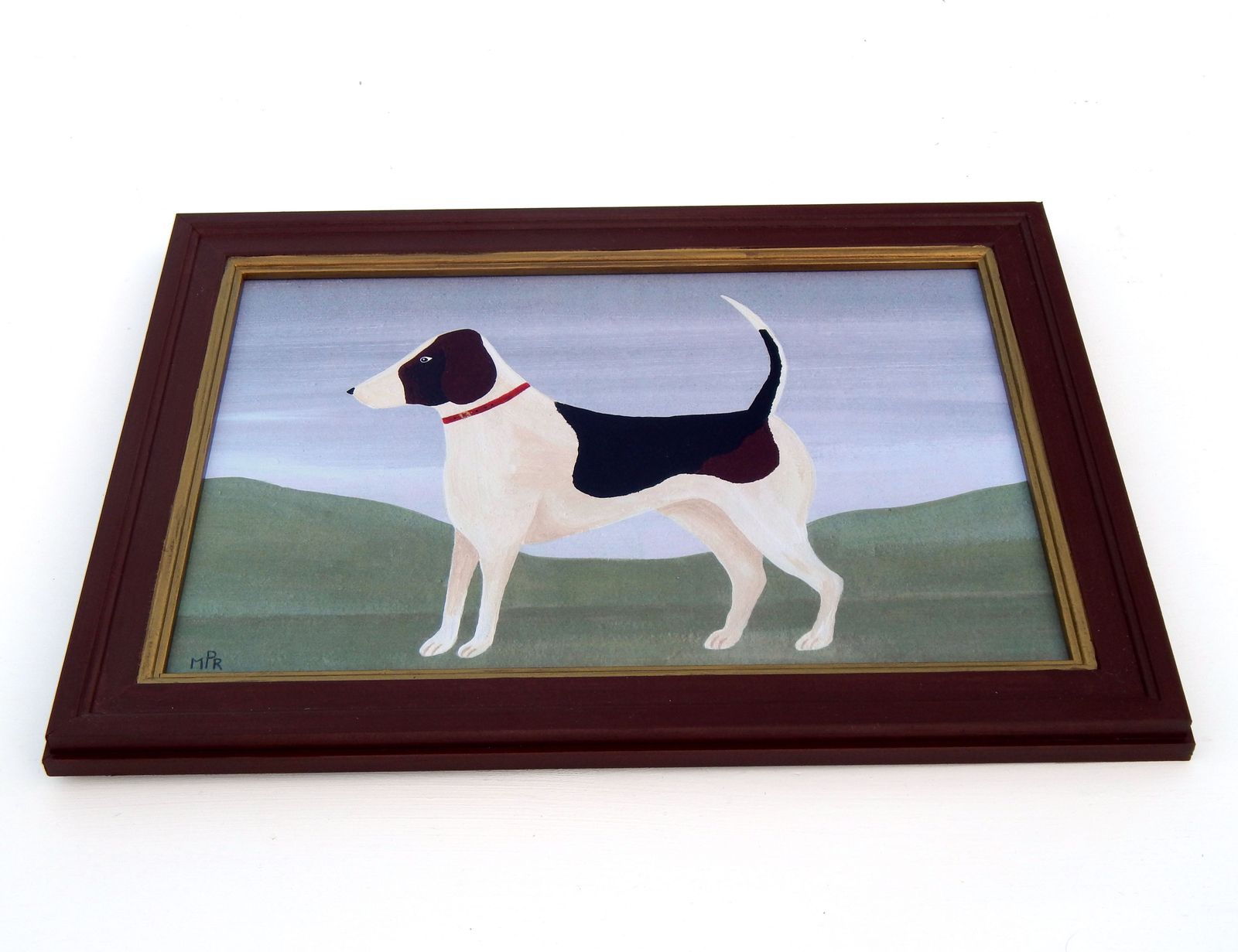 Naive Foxhound Folk Art Dog Print Red Collar In Hand Painted Antique Style Frame By Matt Rix photo vinterior