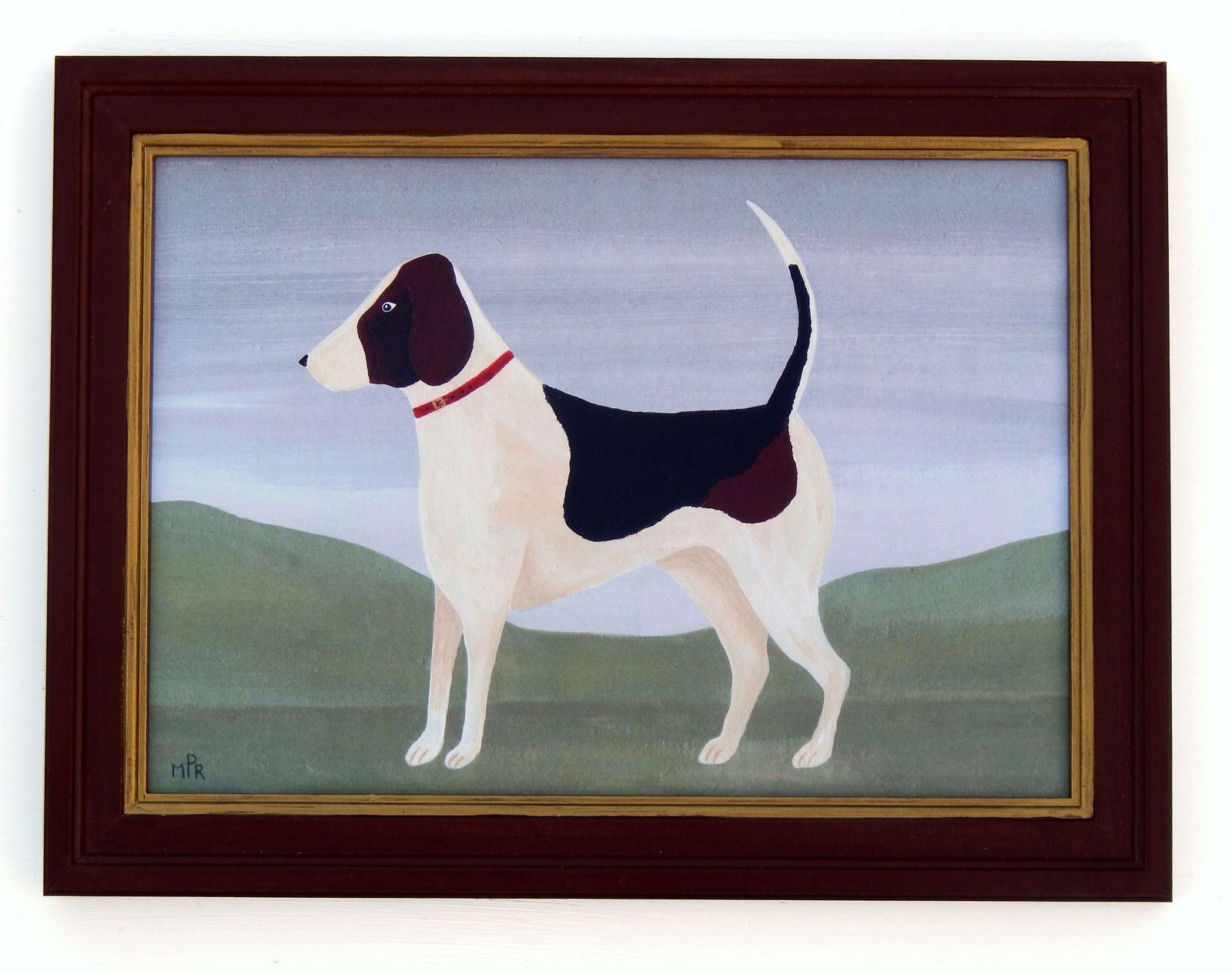 Naive Foxhound Folk Art Dog Print Red Collar In Hand Painted Antique Style Frame By Matt Rix
