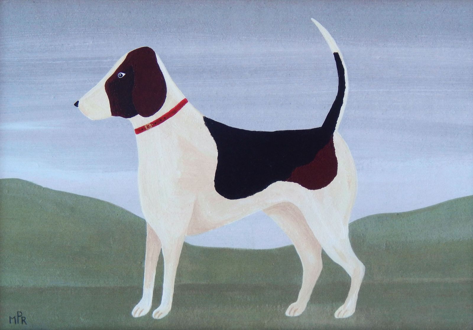 Naive Foxhound Folk Art Dog Print Red Collar In Hand Painted Antique Style Frame By Matt Rix photo for sale