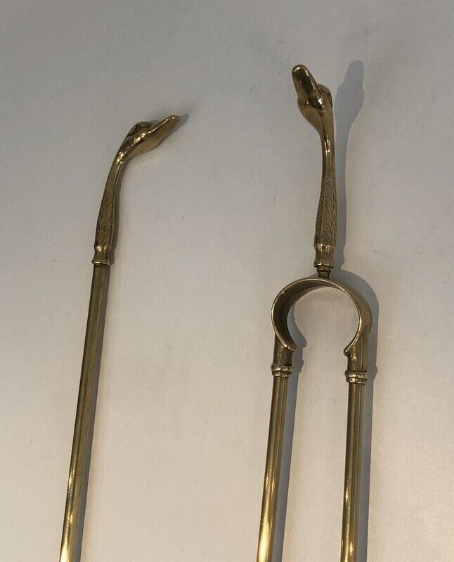 In The Style Of Maison Jansen. Brass Ducks Fire Place Tools On Stand. French. Circa 1960 photo buy