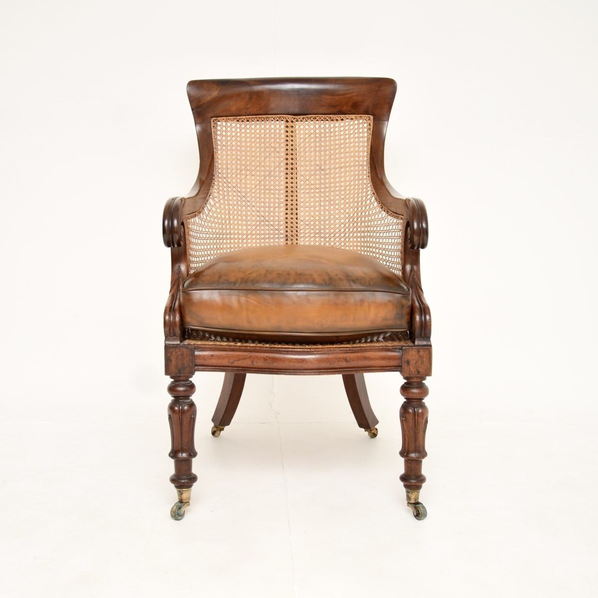 Antique William IV Period Mahogany And Leather Caned Armchair photo furniture