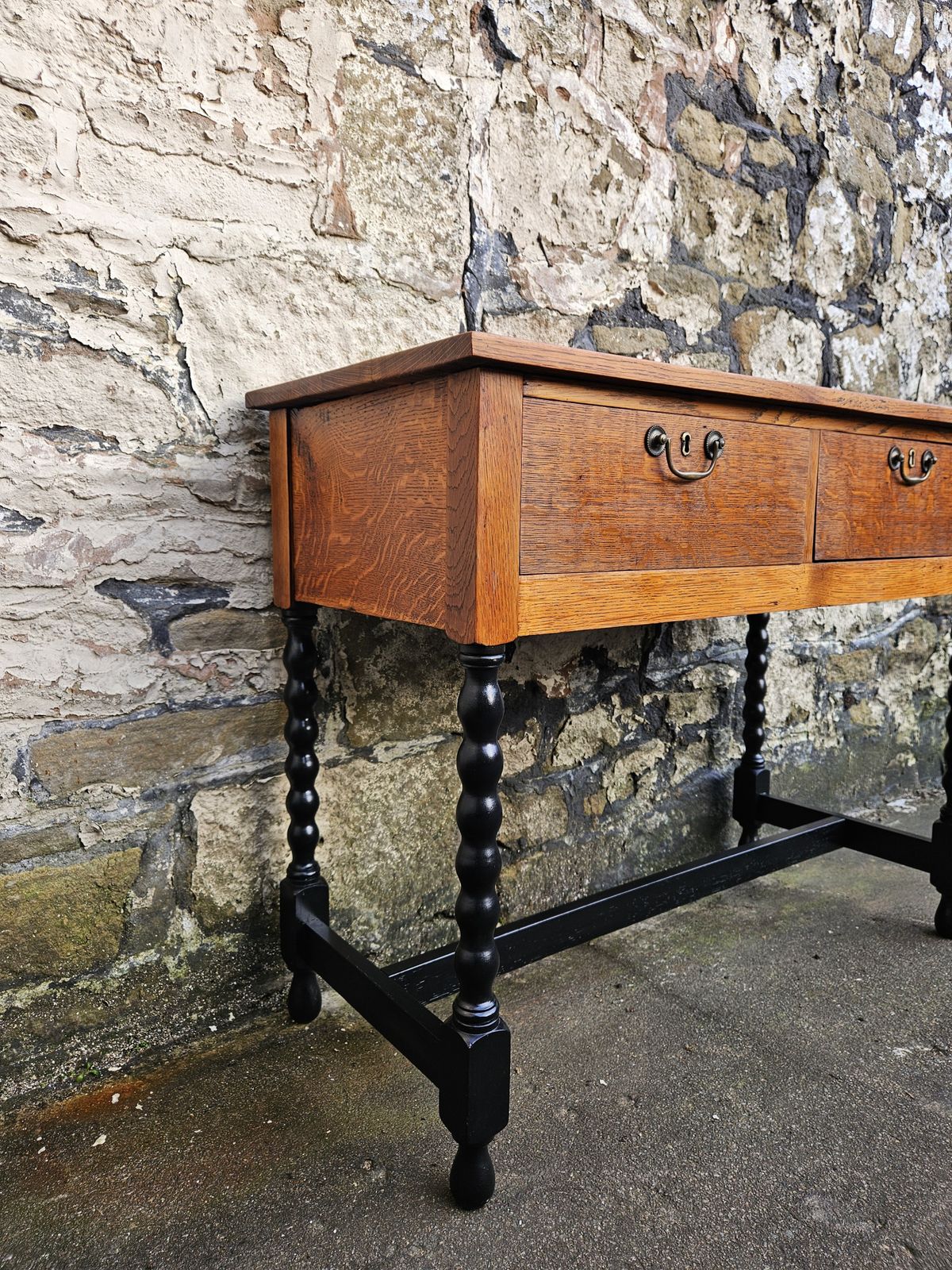 photo vinterior Vintage Oak Chest Of Drawers Two Drawer Cabinet Lovely Detailing Ebonised In Black