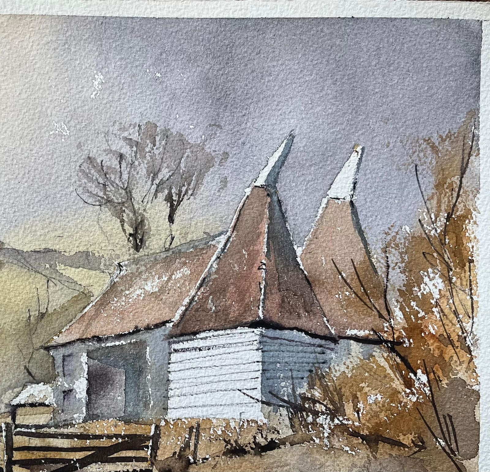 British Impressionist Watercolor Of Countryside Scene With Oast Houses photo 365.0