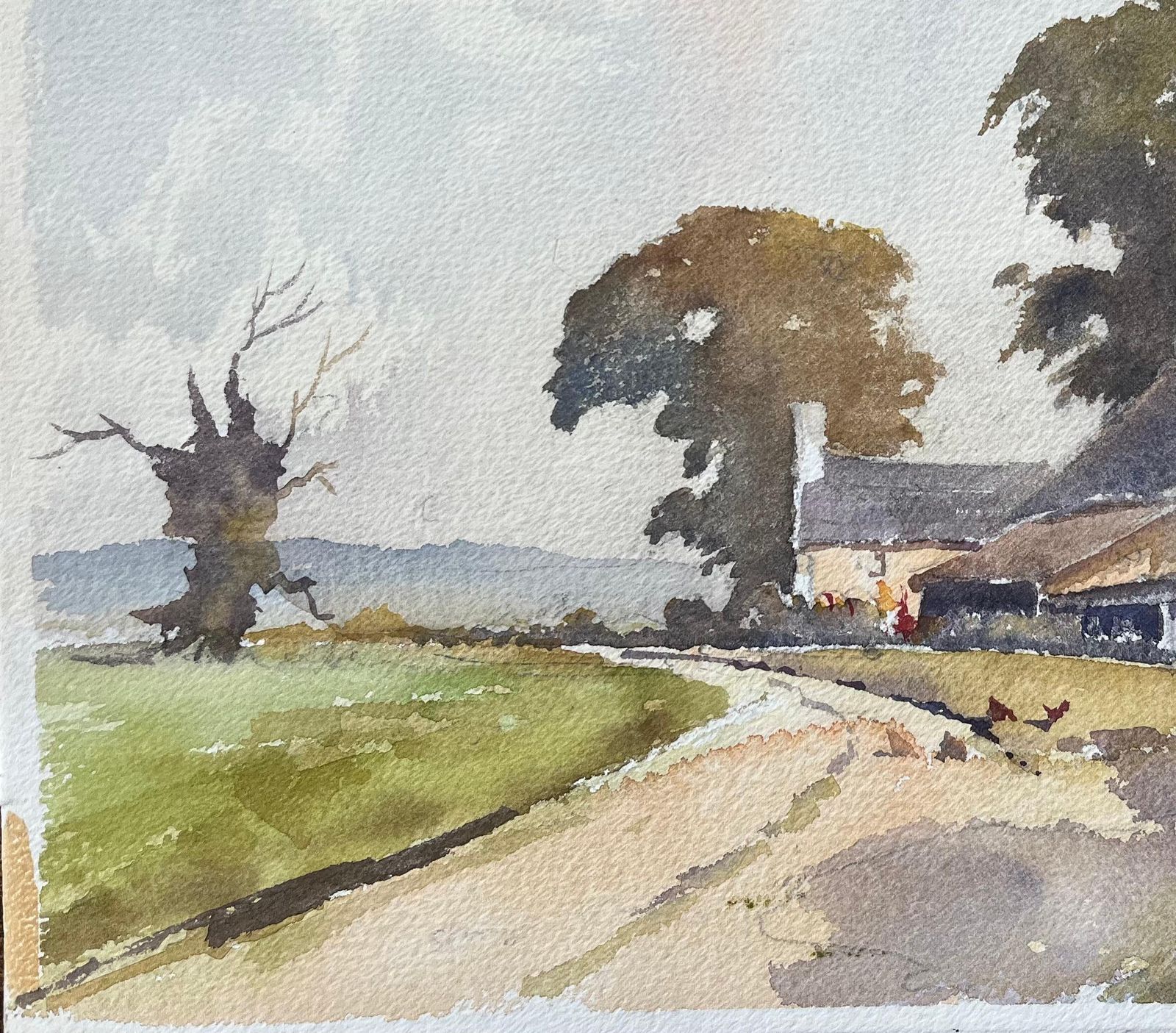 British Impressionist Watercolor Of A Rustic Farmhouse Scene And Chickens photo Art