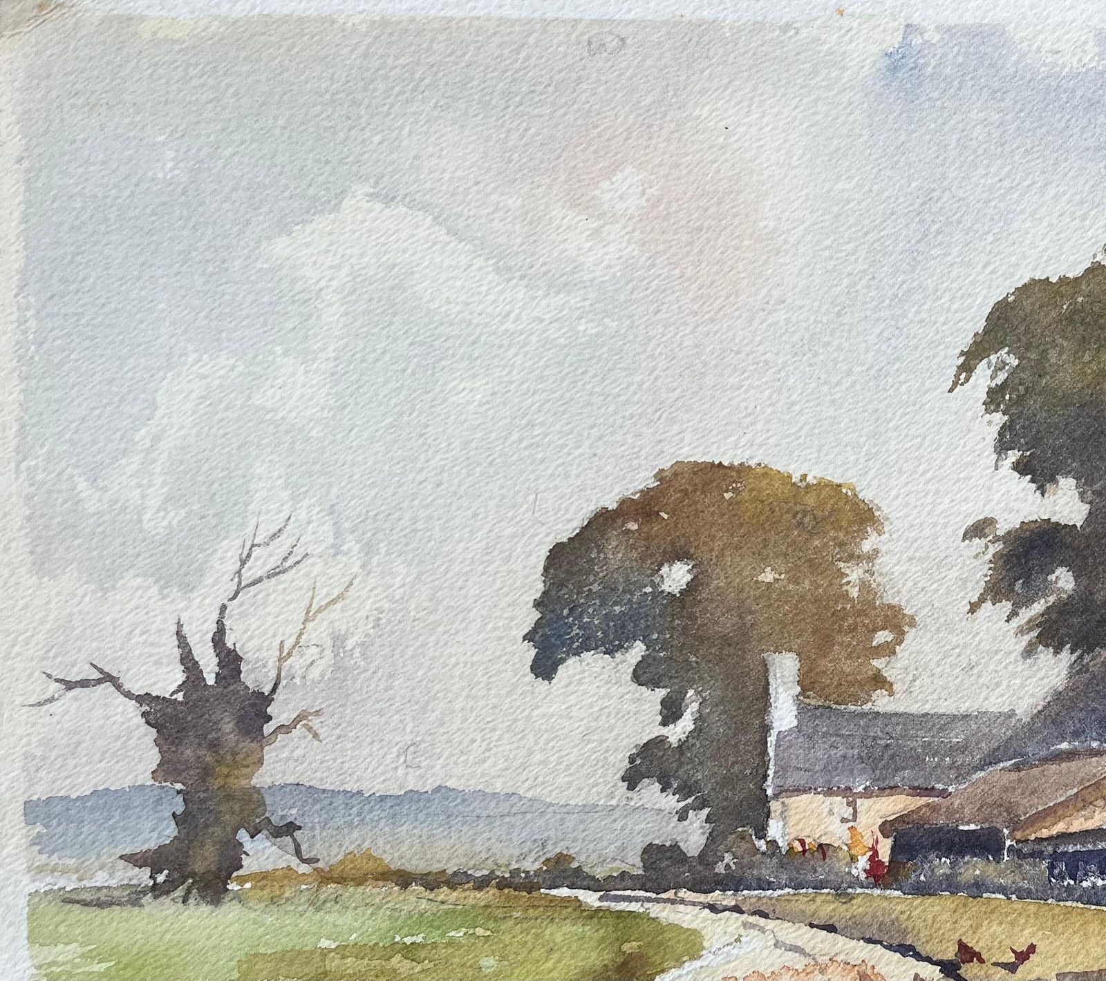 British Impressionist Watercolor Of A Rustic Farmhouse Scene And Chickens photo vinterior
