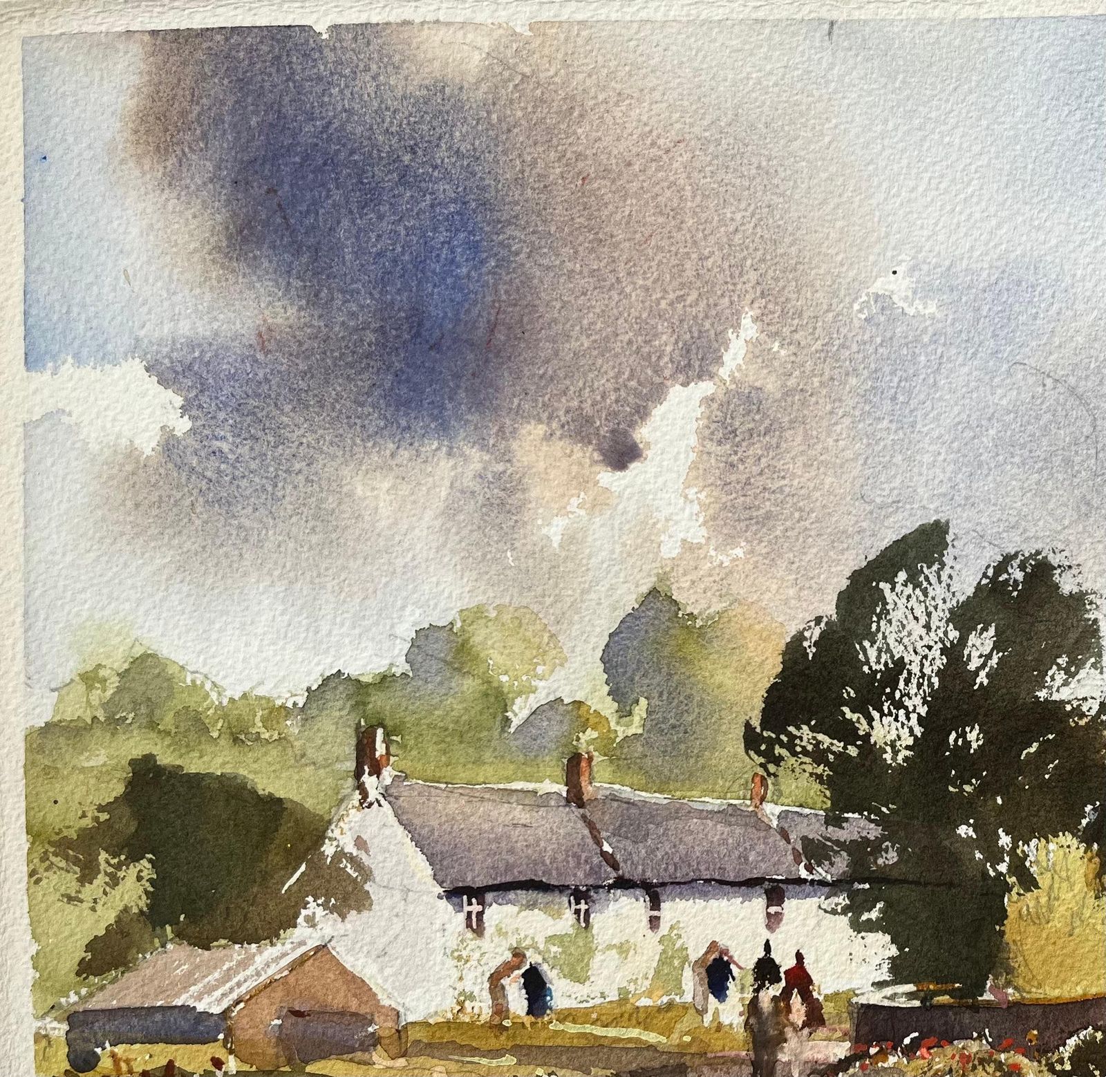 British Impressionist Watercolor Of A Village Church And Cottages, And Riders photo vinterior