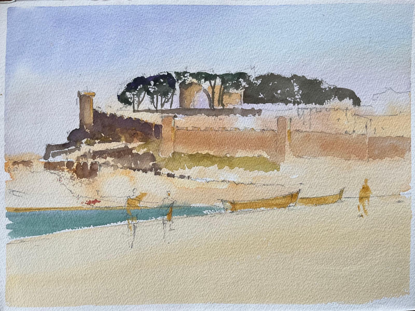British Impressionist Watercolor Of A Coastal Fort With Boats On The Shore