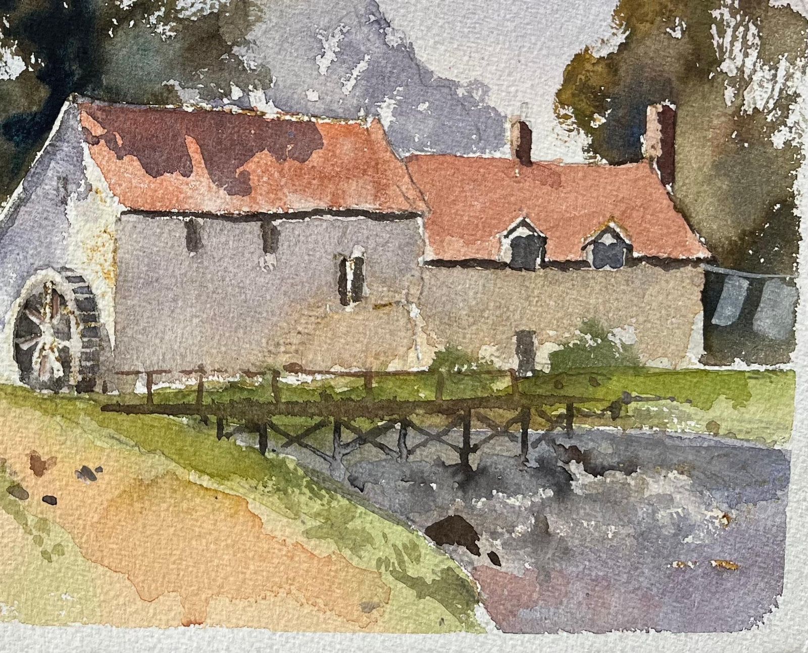 British Impressionist Watercolor Of Countryside Mill With A Water Wheel photo Art