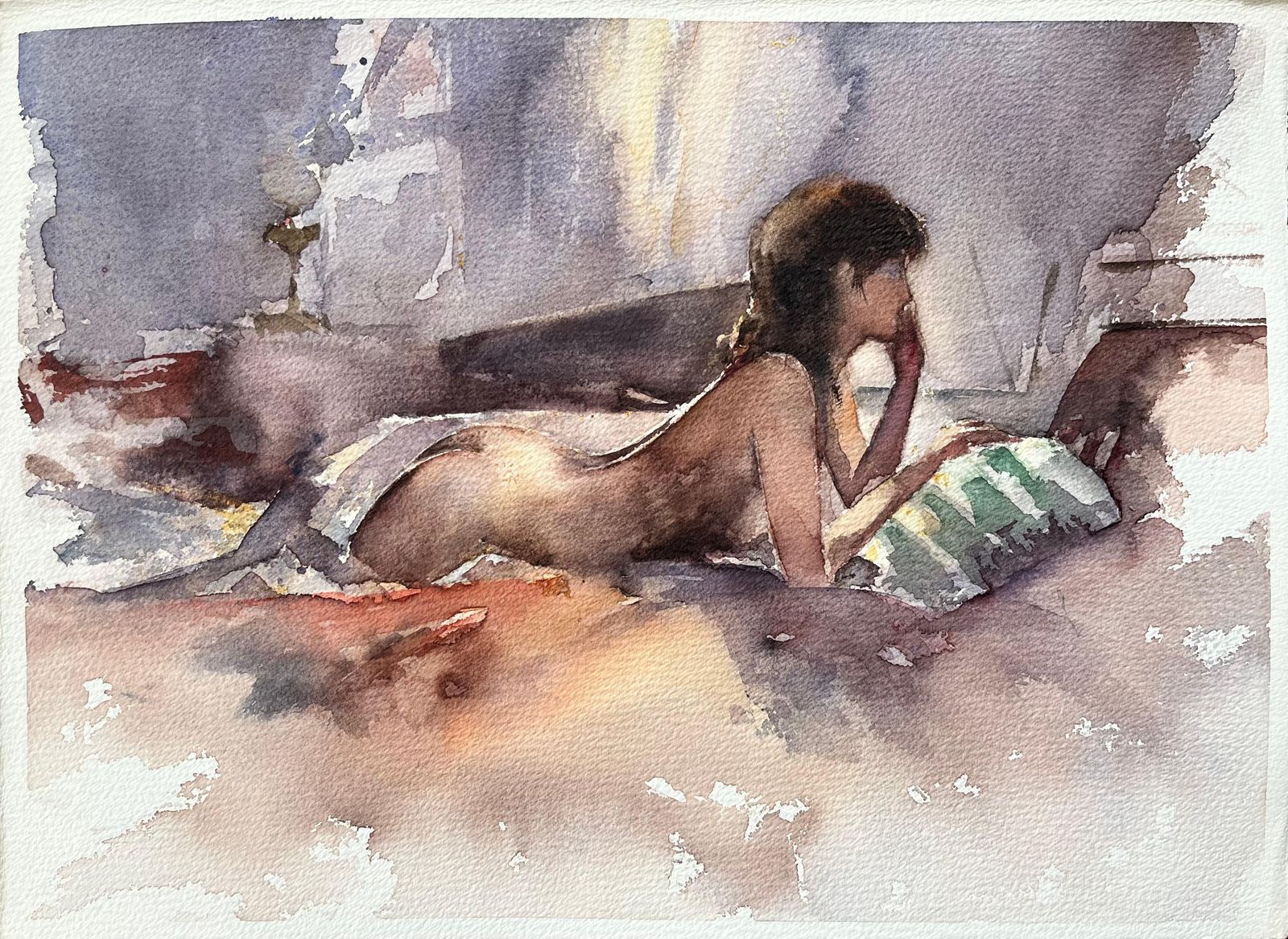 British Impressionist Watercolor Of A Nude Reclining Woman In Quiet Reflection