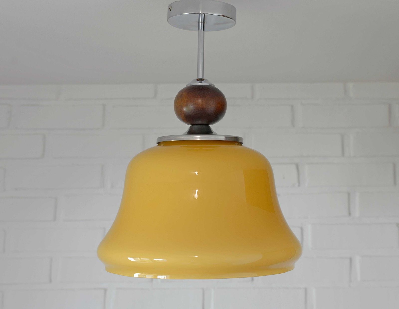 Vintage Beige Glass Pendant Lamp / Semi Flush Mount / Hanging Light / Chandelier, Yugoslavia 1970's photo for sale