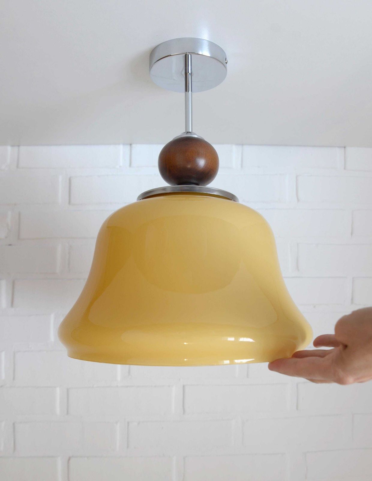 Vintage Beige Glass Pendant Lamp / Semi Flush Mount / Hanging Light / Chandelier, Yugoslavia 1970's photo buy