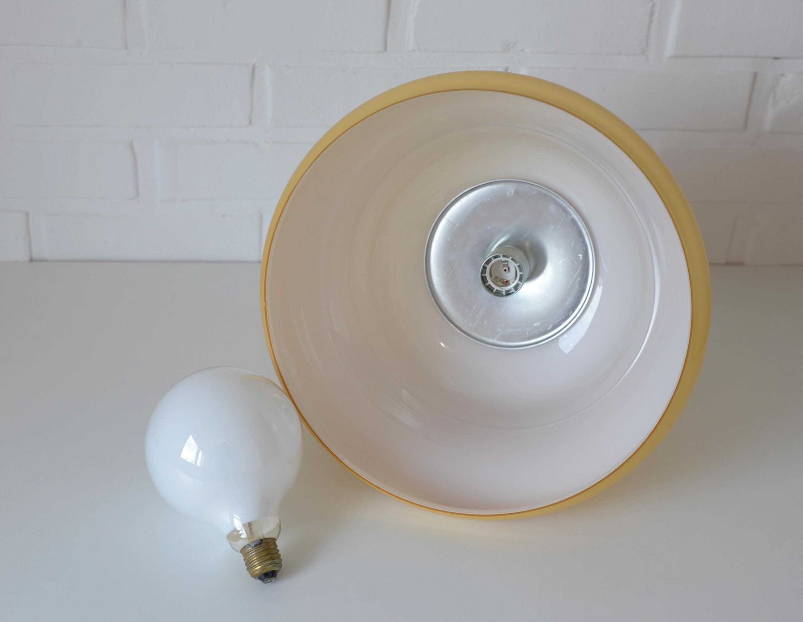 Vintage Beige Glass Pendant Lamp / Semi Flush Mount / Hanging Light / Chandelier, Yugoslavia 1970's photo vintage