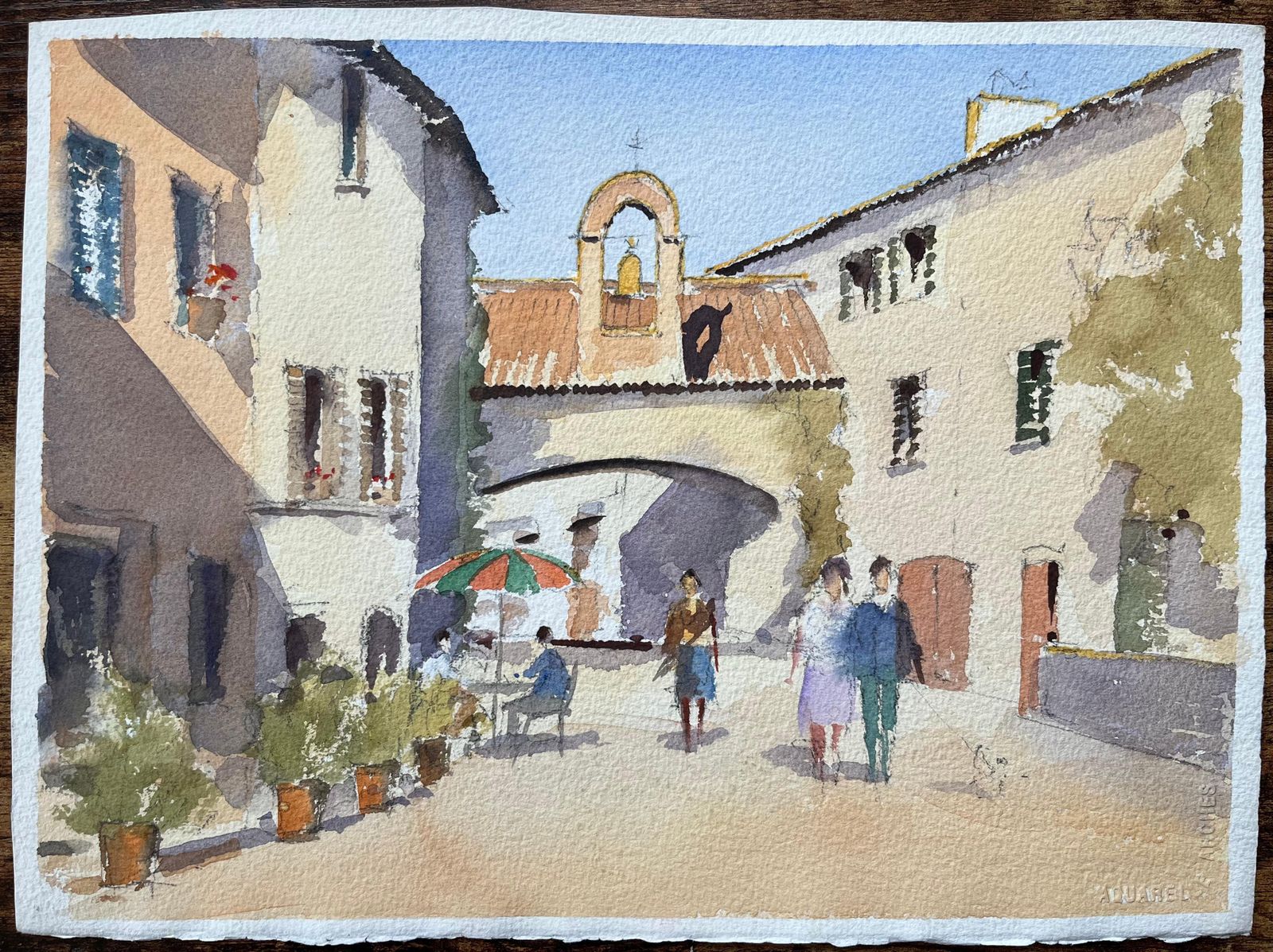 British Impressionist Watercolor Of A Street Scene With Bell Tower Arch photo furniture
