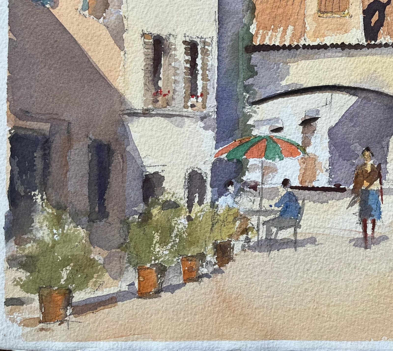 British Impressionist Watercolor Of A Street Scene With Bell Tower Arch photo 415.0