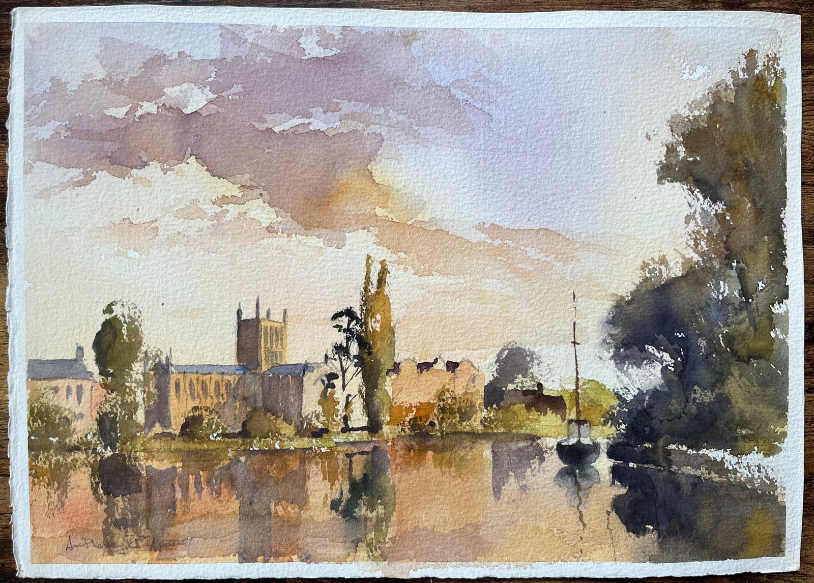 British Impressionist Watercolor Of A River Scene With Church At Sunset photo furniture