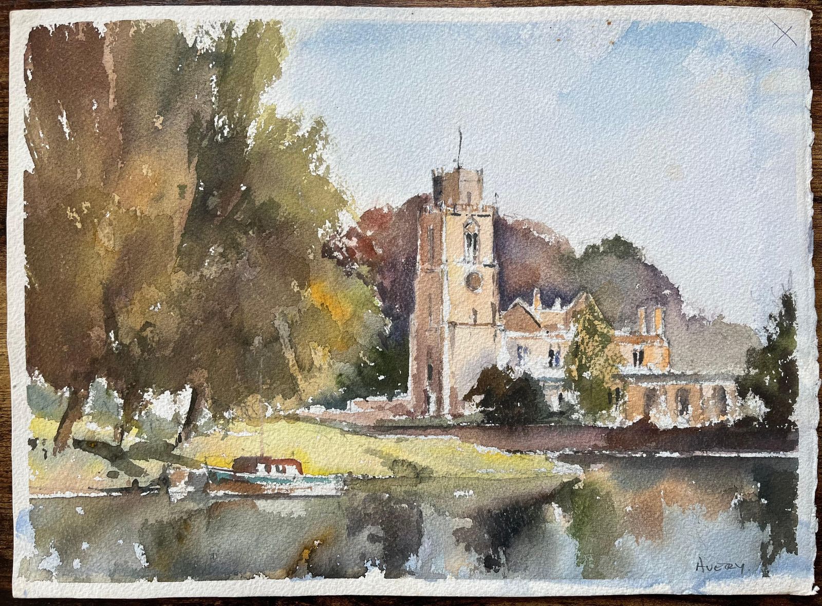 British Impressionist Watercolor Of A Riverside Church Scene photo furniture