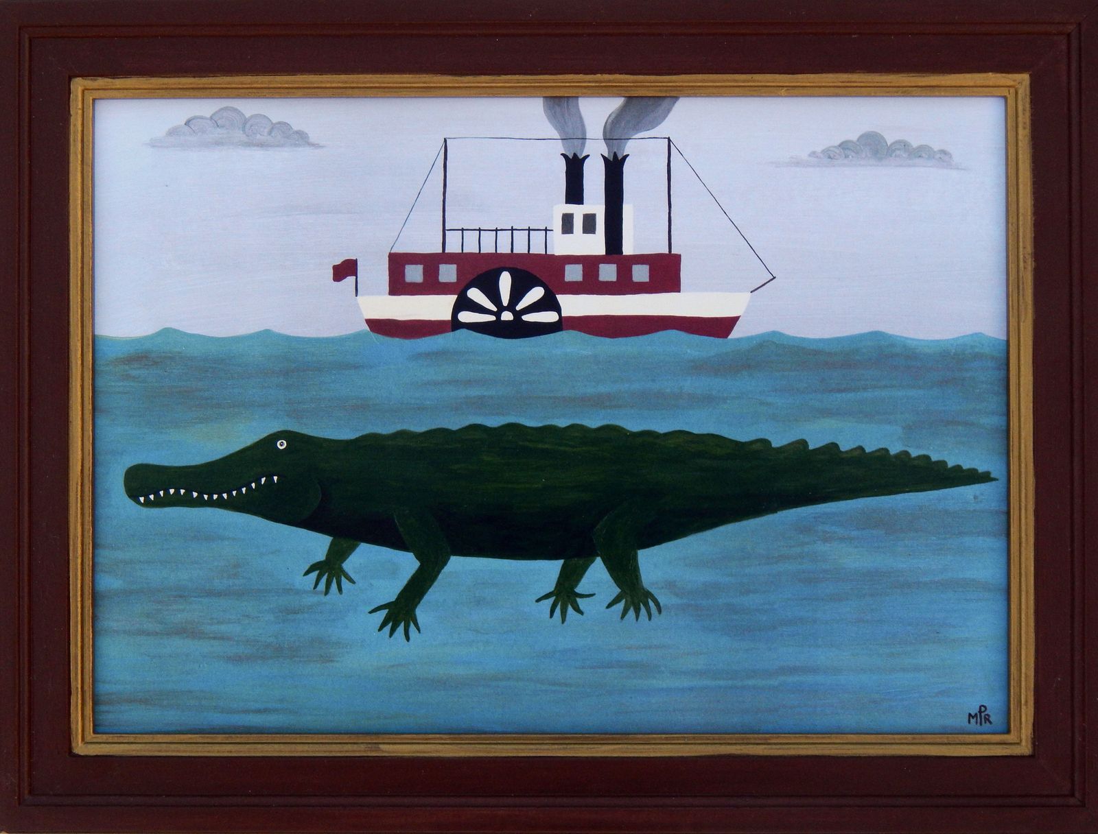 Naïve Folk Art River Scene With Alligator And Paddle Steamer Fine Art Print By Matt Rix