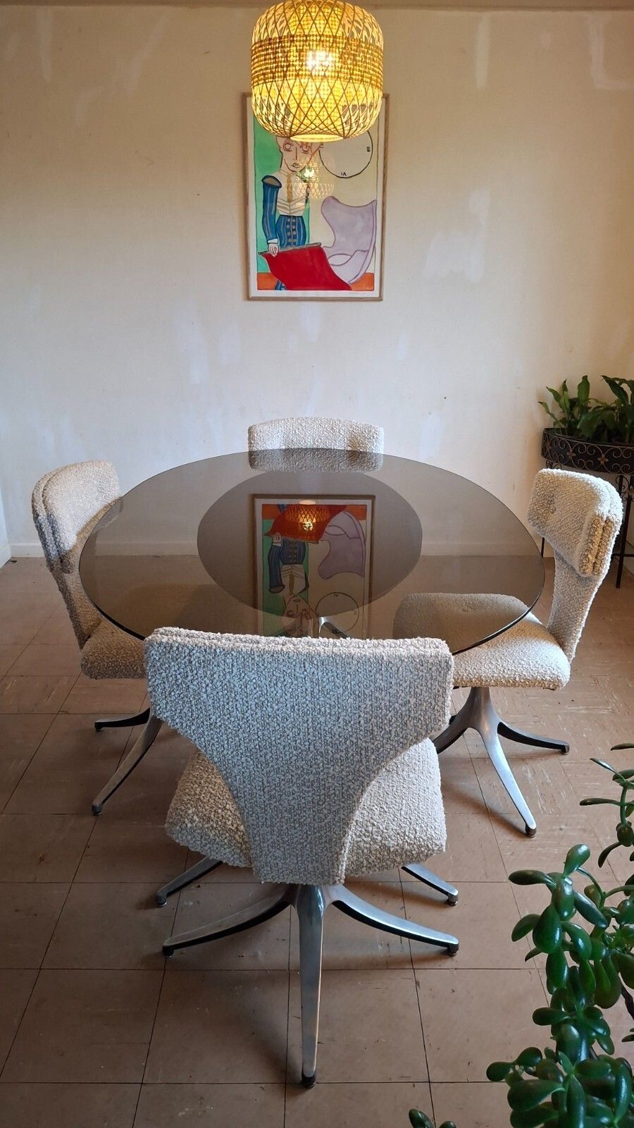 Fab Vintage Howell Interlake 4 Swivel Chairs Taupe Boucle & Glass Dining Table photo for sale